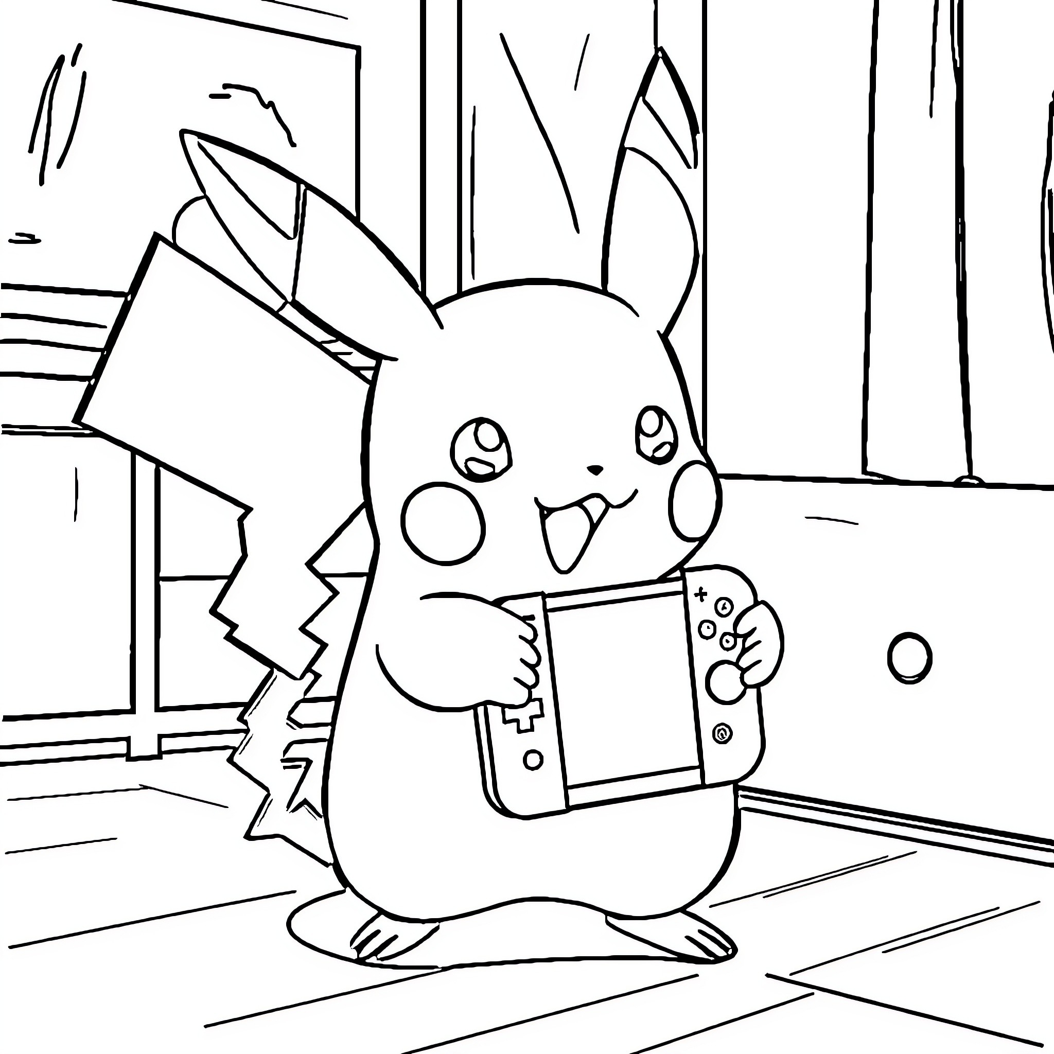 Pikachu playing with a video game console Coloring Page (free black-and-white line drawing printable PDF for all, from beginners to advanced learners, including children, teens, adults, and seniors)
