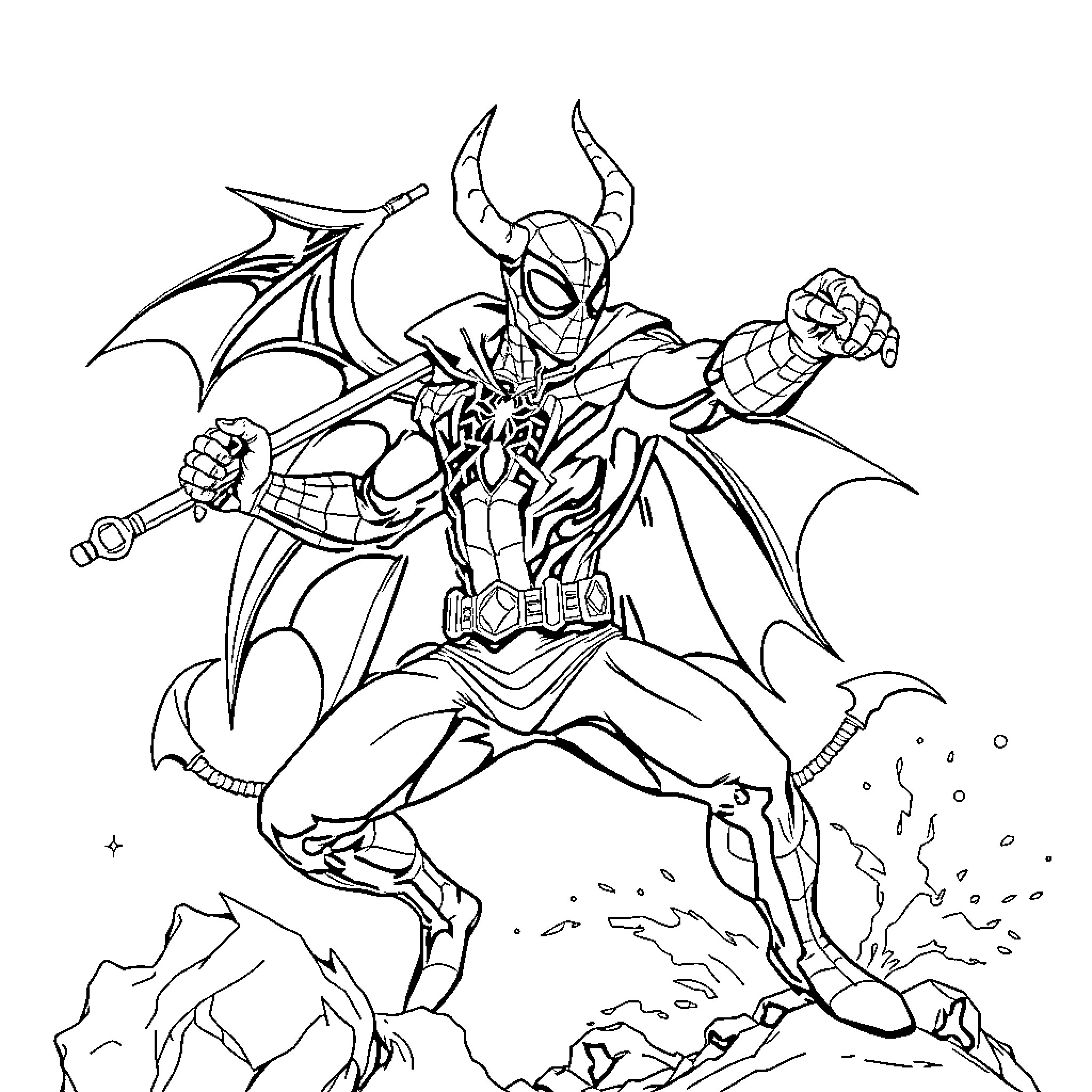 Spiderman-inspired superhero in battle stance Coloring Page (free black-and-white line drawing printable PDF for all, from beginners to advanced learners, including children, teens, adults, and seniors)
