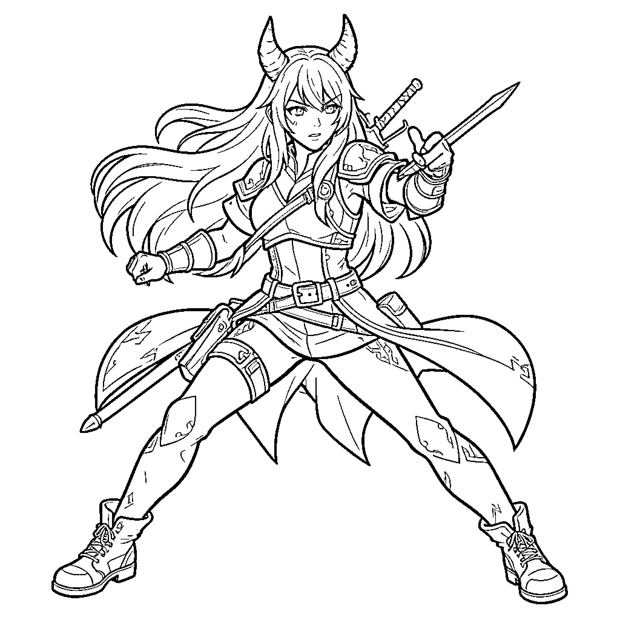 Kpop Demon Hunter wielding a sword with a fierce expression Coloring Page (free black-and-white line drawing printable PDF for all, from beginners to advanced learners, including children, teens, adults, and seniors)