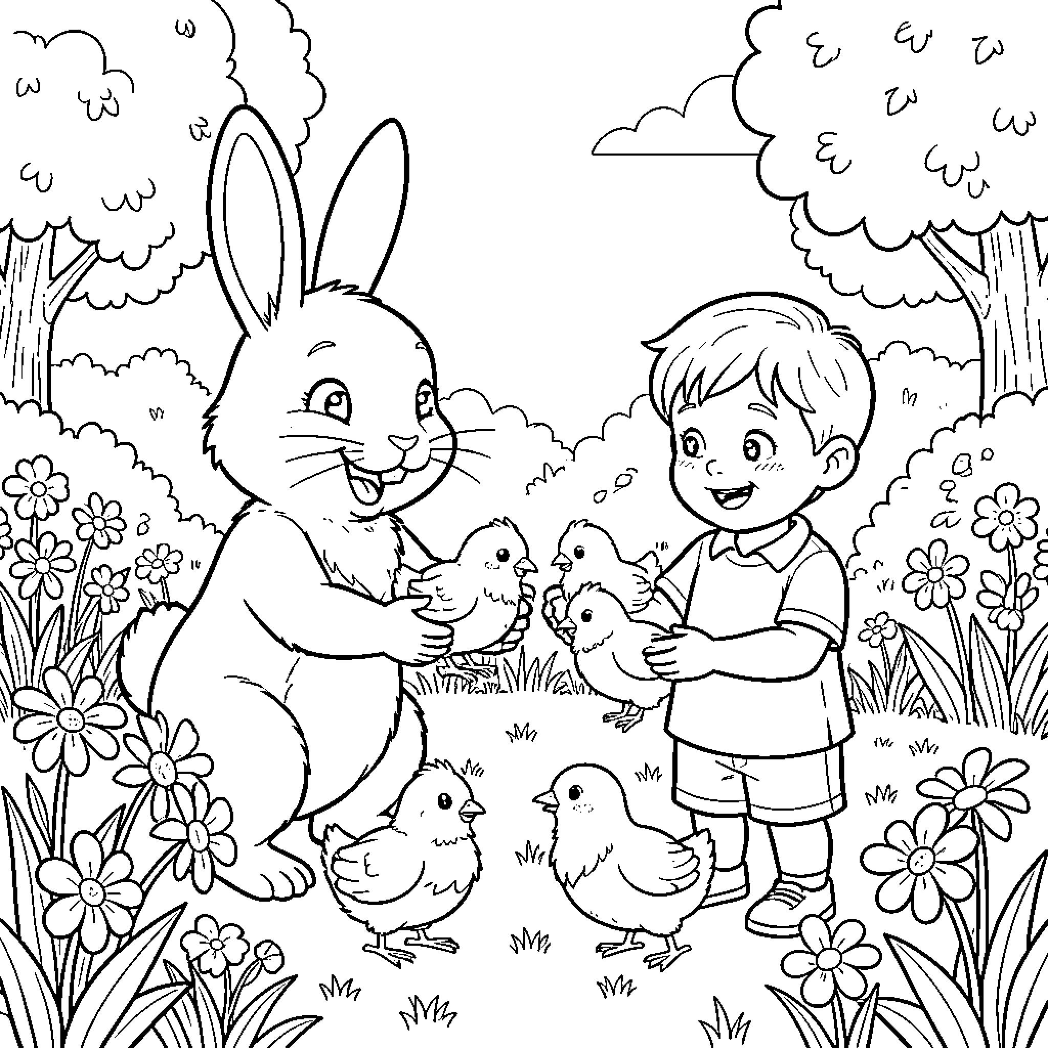 Easter Bunny playing with children and chicks in a garden Coloring Page (free black-and-white line drawing printable PDF for all, from beginners to advanced learners, including children, teens, adults, and seniors)