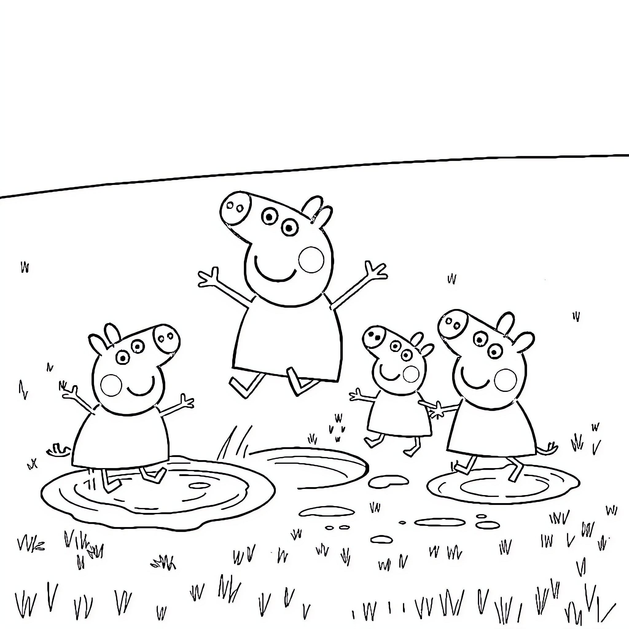 Peppa Pig family playing in puddles Coloring Page (free black-and-white line drawing printable PDF for all, from beginners to advanced learners, including children, teens, adults, and seniors)