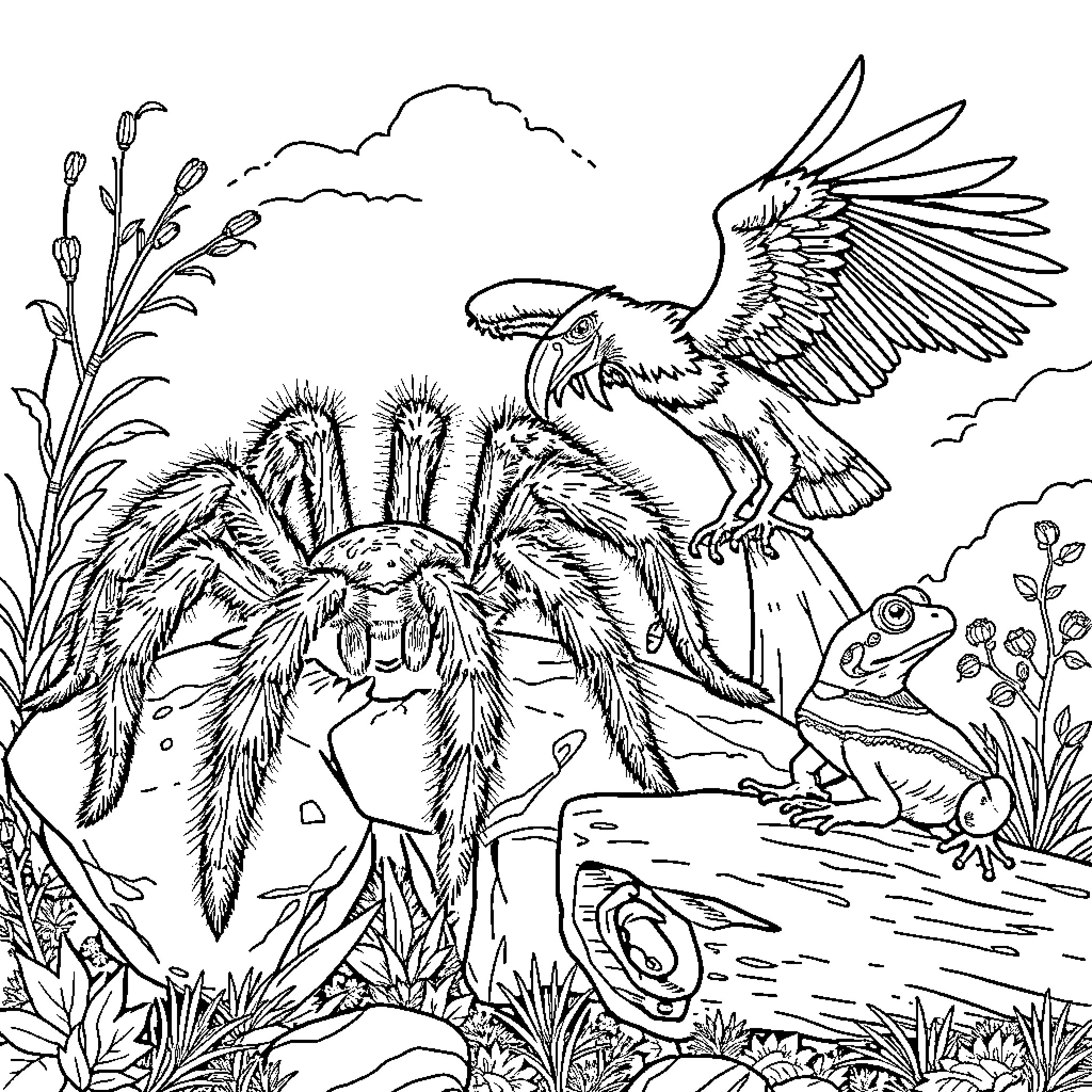 Tarantula facing mythical bird-like creature in natural setting Coloring Page (free black-and-white line drawing printable PDF for all, from beginners to advanced learners, including children, teens, adults, and seniors)