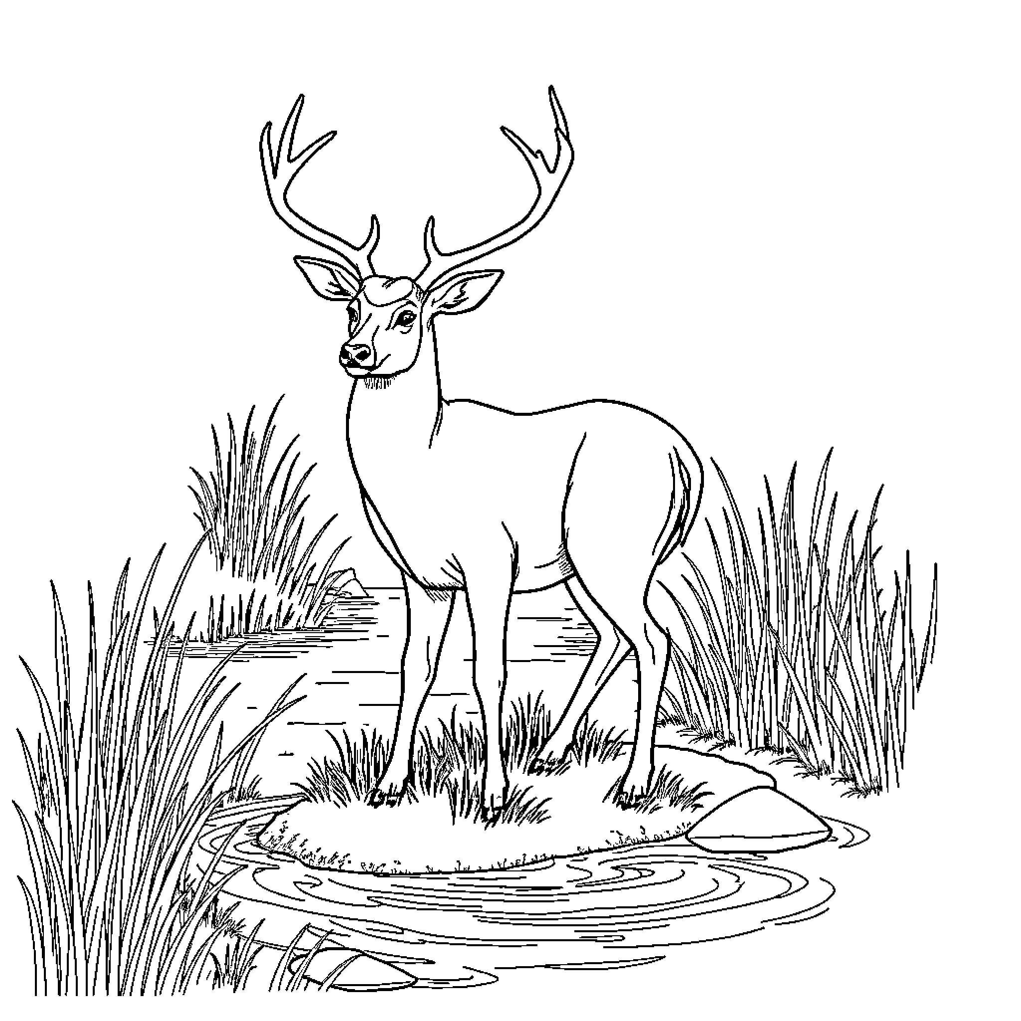 Deer standing gracefully in natural setting Coloring Page (free black-and-white line drawing printable PDF for all, from beginners to advanced learners, including children, teens, adults, and seniors)