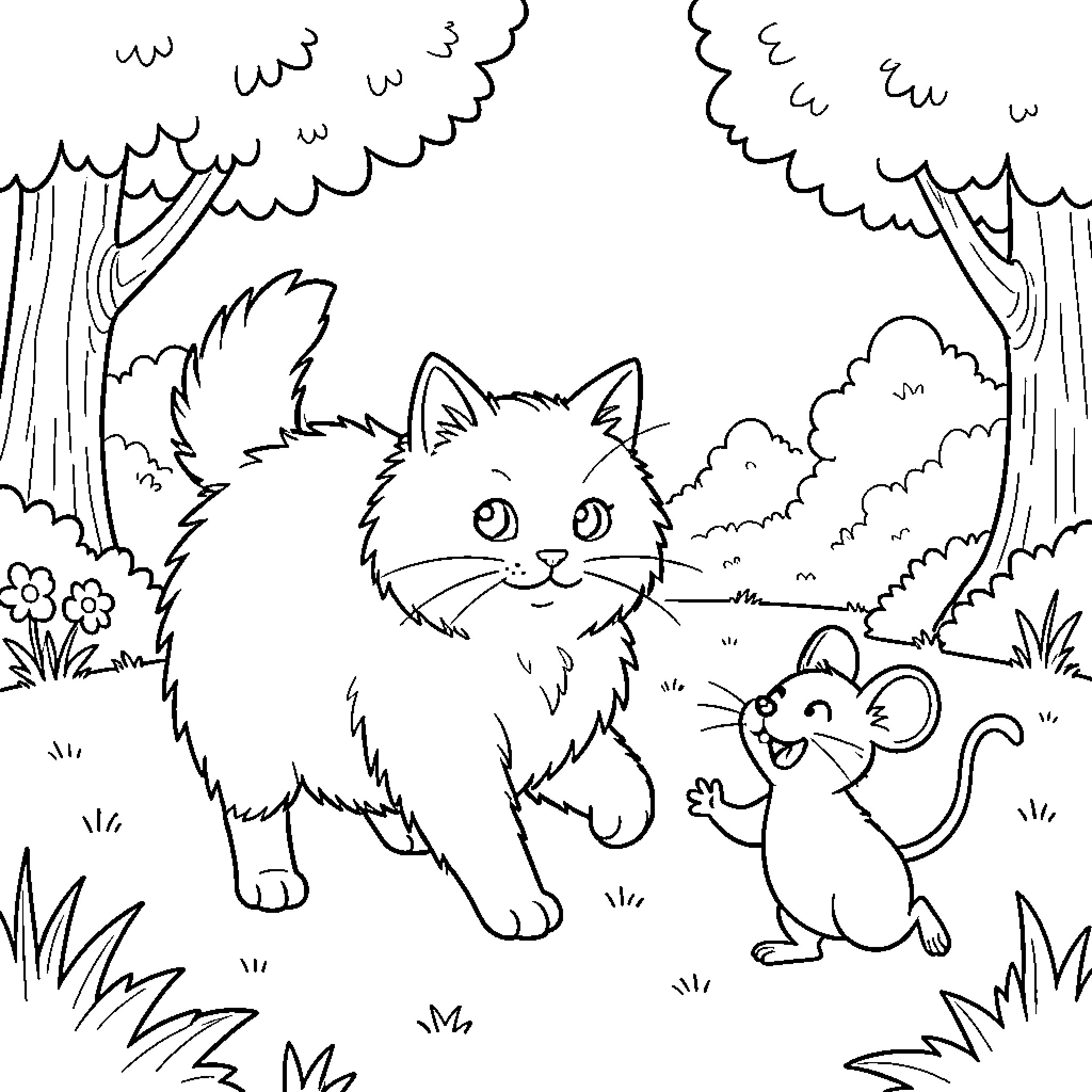 Cat and Mouse in the Enchanted Forest Coloring Page (free black-and-white line drawing printable PDF for all, from beginners to advanced learners, including children, teens, adults, and seniors)