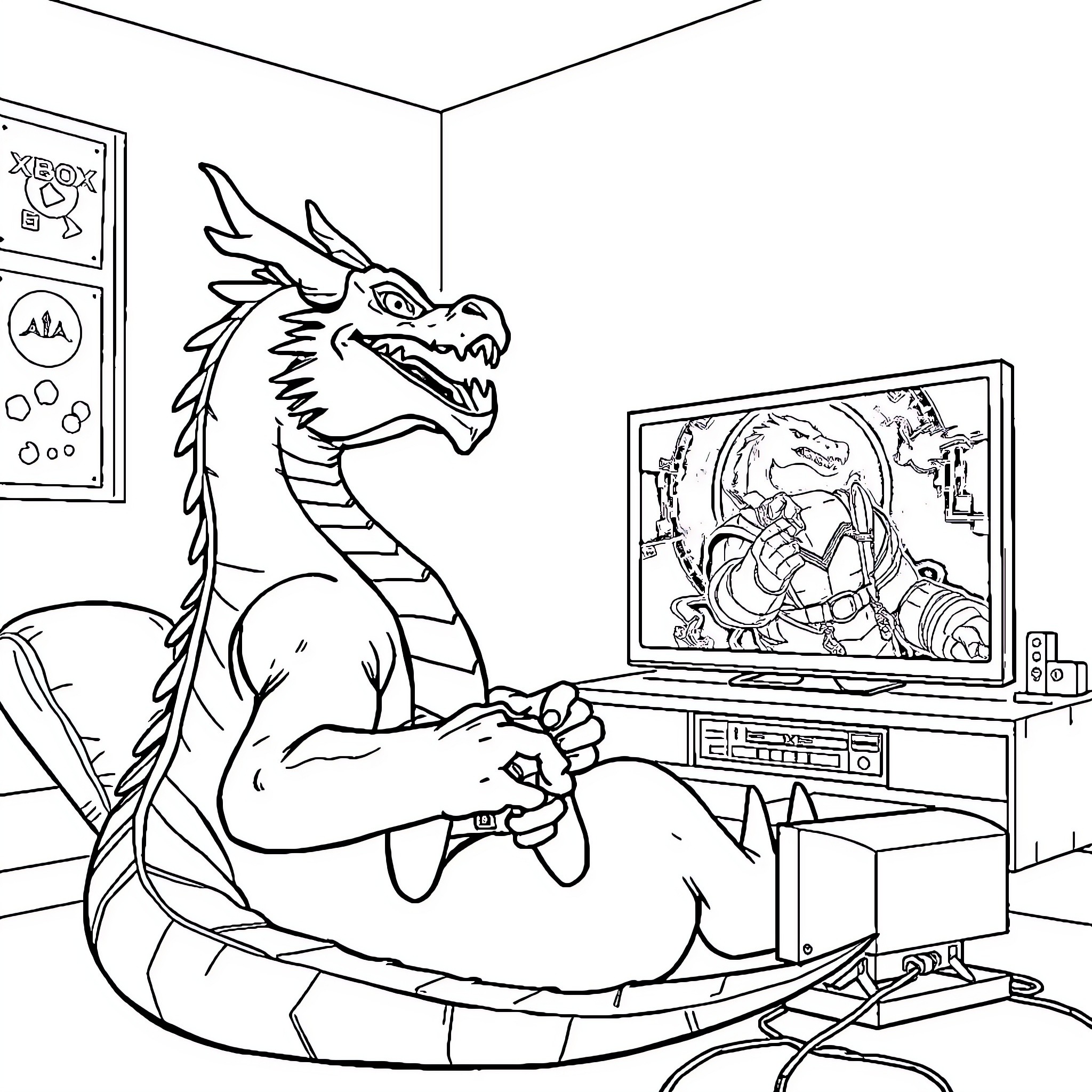 Dragon playing video game in living room Coloring Page (free black-and-white line drawing printable PDF for all, from beginners to advanced learners, including children, teens, adults, and seniors)