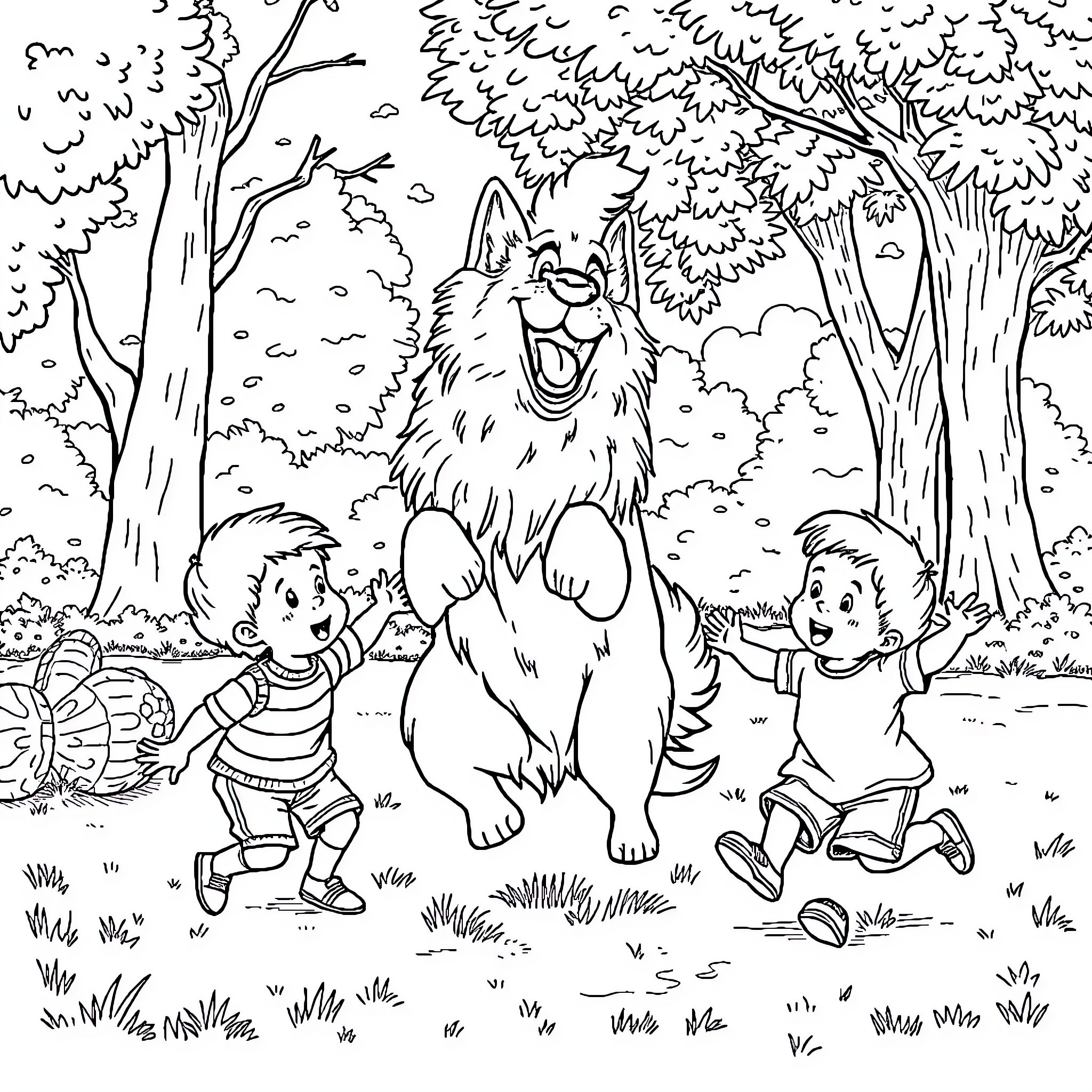 Cocker Spaniel Frolics with Children in the Woods Coloring Page (free black-and-white line drawing printable PDF for all, from beginners to advanced learners, including children, teens, adults, and seniors)