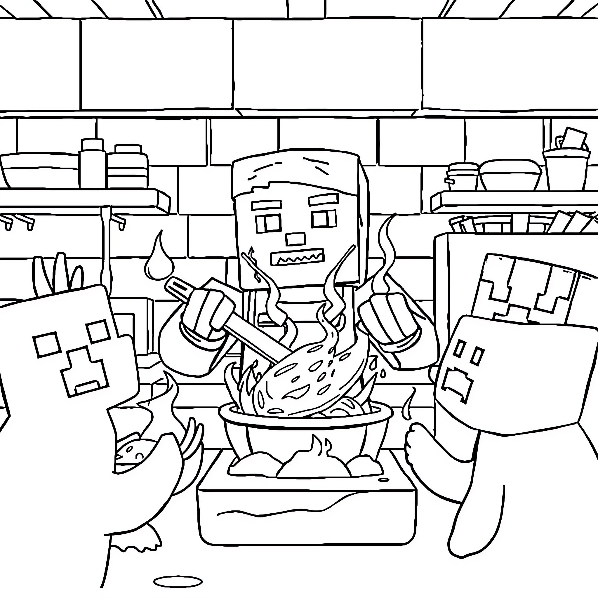 Steve explores a vibrant kitchen adventure Coloring Page (free black-and-white line drawing printable PDF for all, from beginners to advanced learners, including children, teens, adults, and seniors)