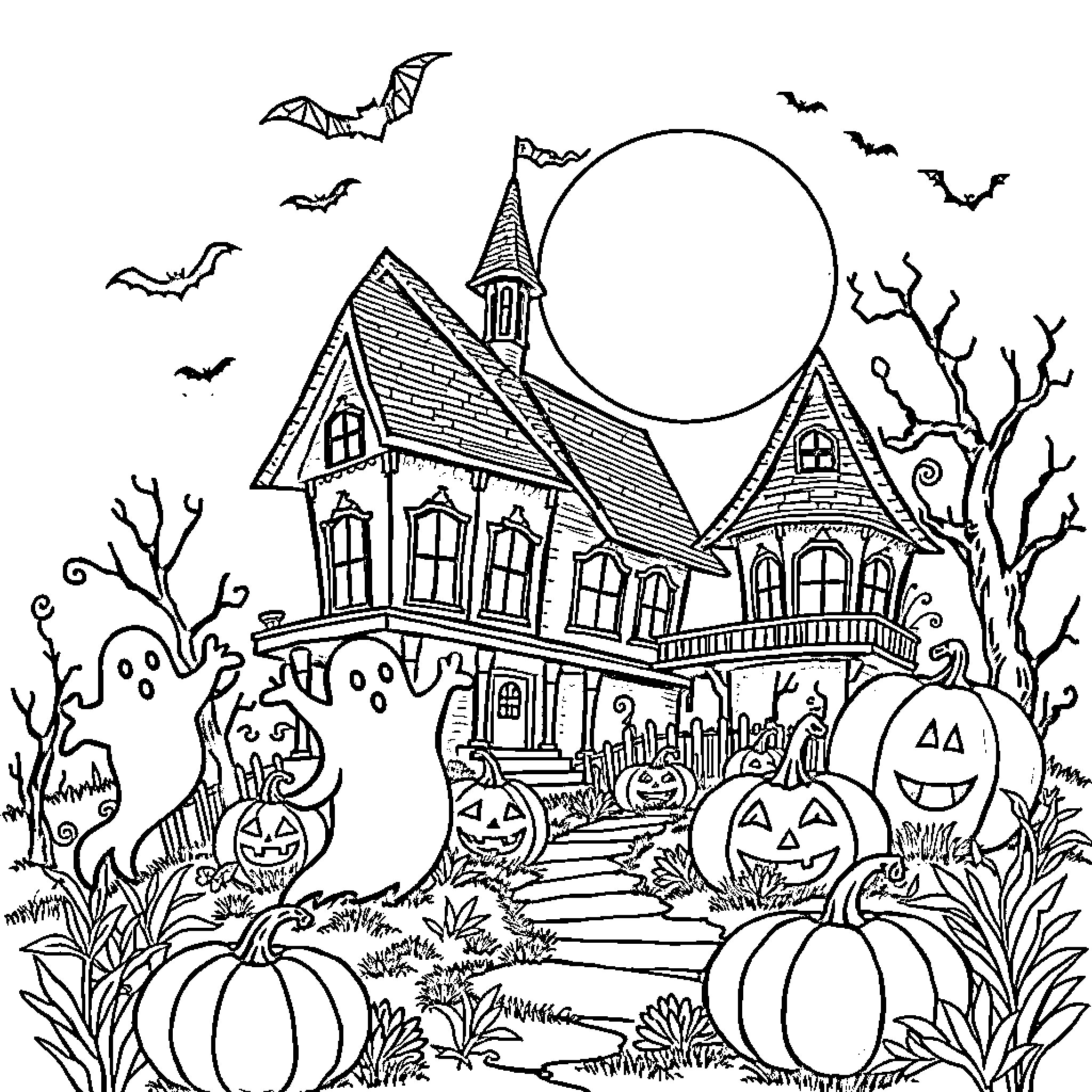 Halloween haunted house with spooky elements Coloring Page (free black-and-white line drawing printable PDF for all, from beginners to advanced learners, including children, teens, adults, and seniors)