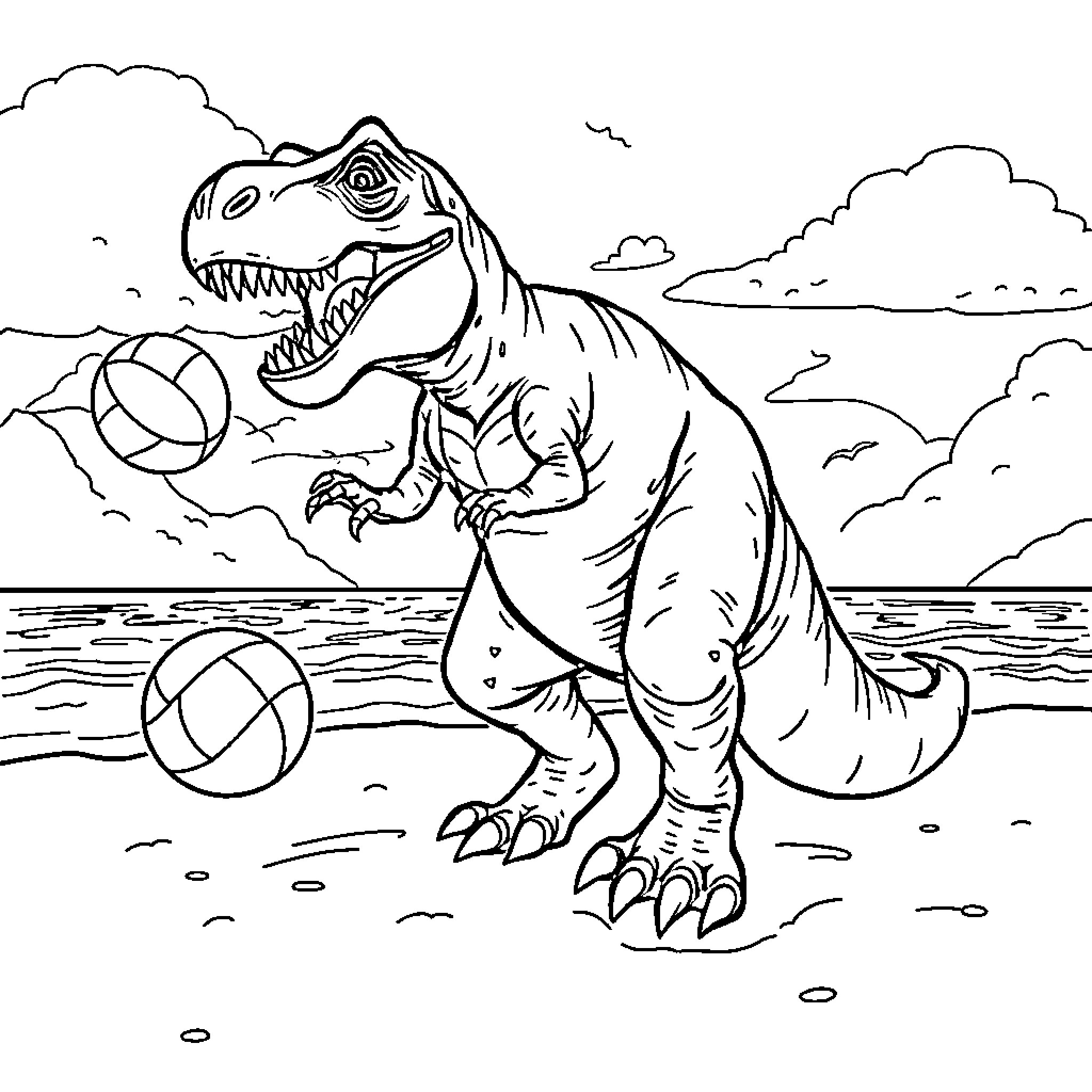 T-Rex playing with beach balls on the shore Coloring Page (free black-and-white line drawing printable PDF for all, from beginners to advanced learners, including children, teens, adults, and seniors)