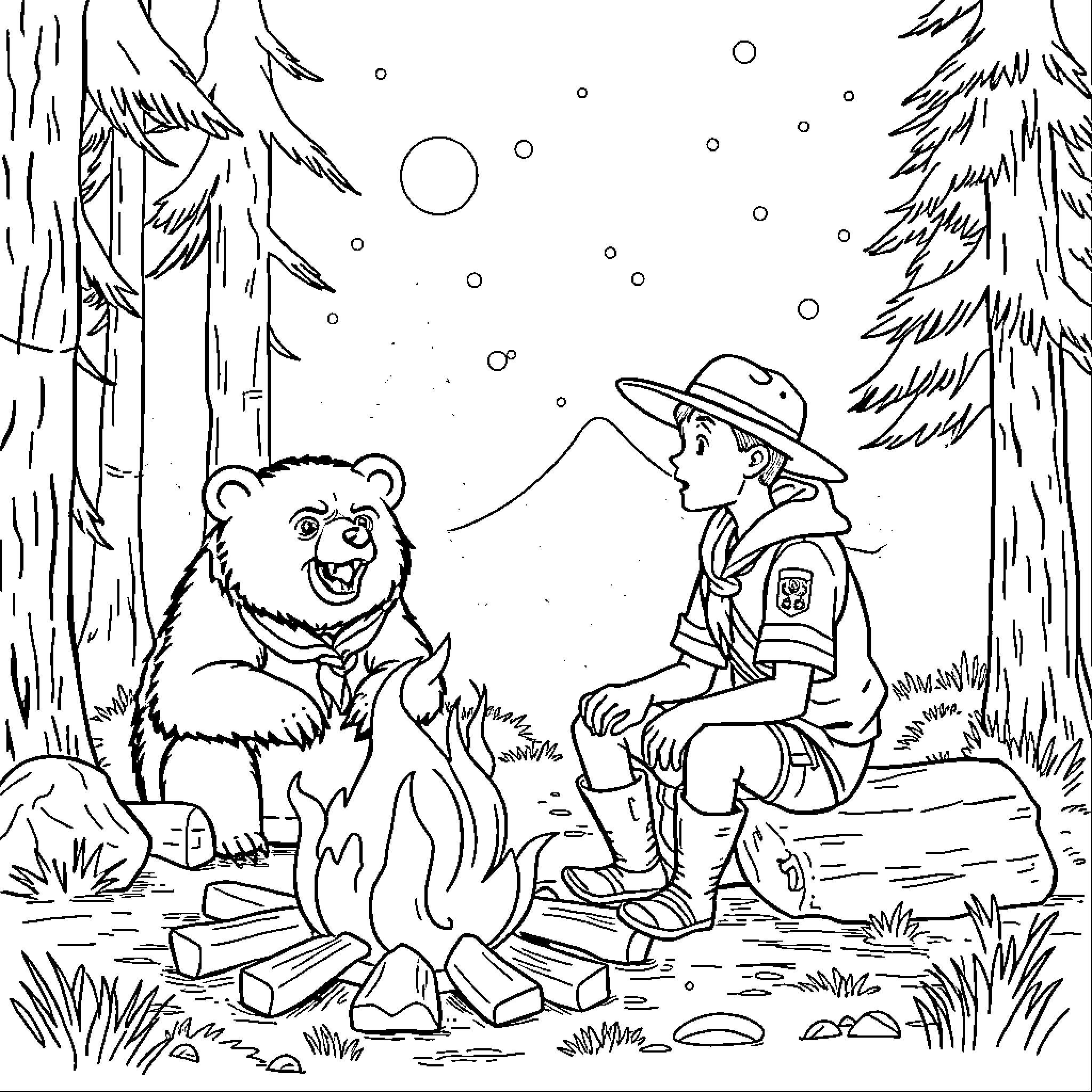 Scout explores snowy forest with bear companion Coloring Page (free black-and-white line drawing printable PDF for all, from beginners to advanced learners, including children, teens, adults, and seniors)
