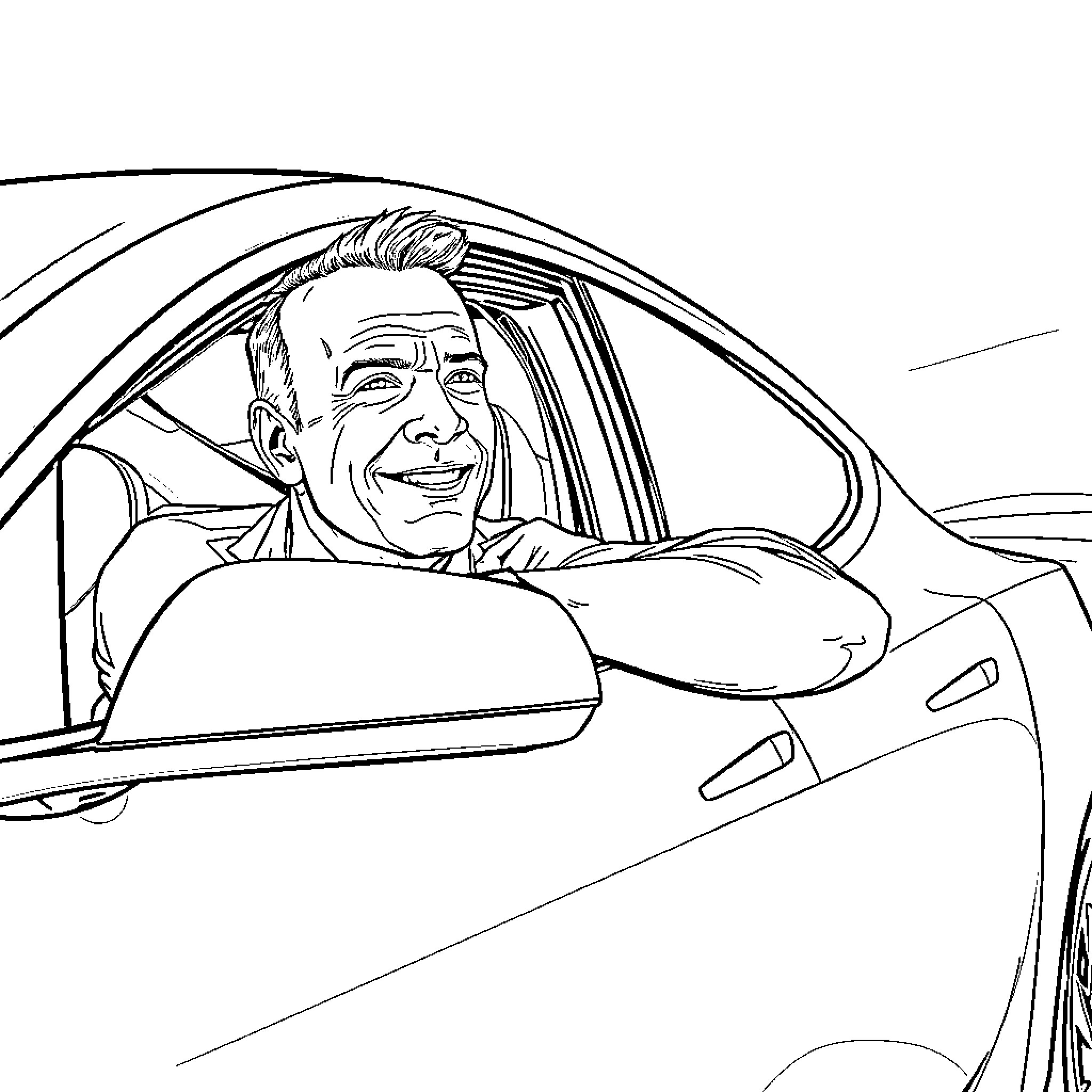 Bruce Willis driving a sports car with a smile Coloring Page (free black-and-white line drawing printable PDF for all, from beginners to advanced learners, including children, teens, adults, and seniors)
