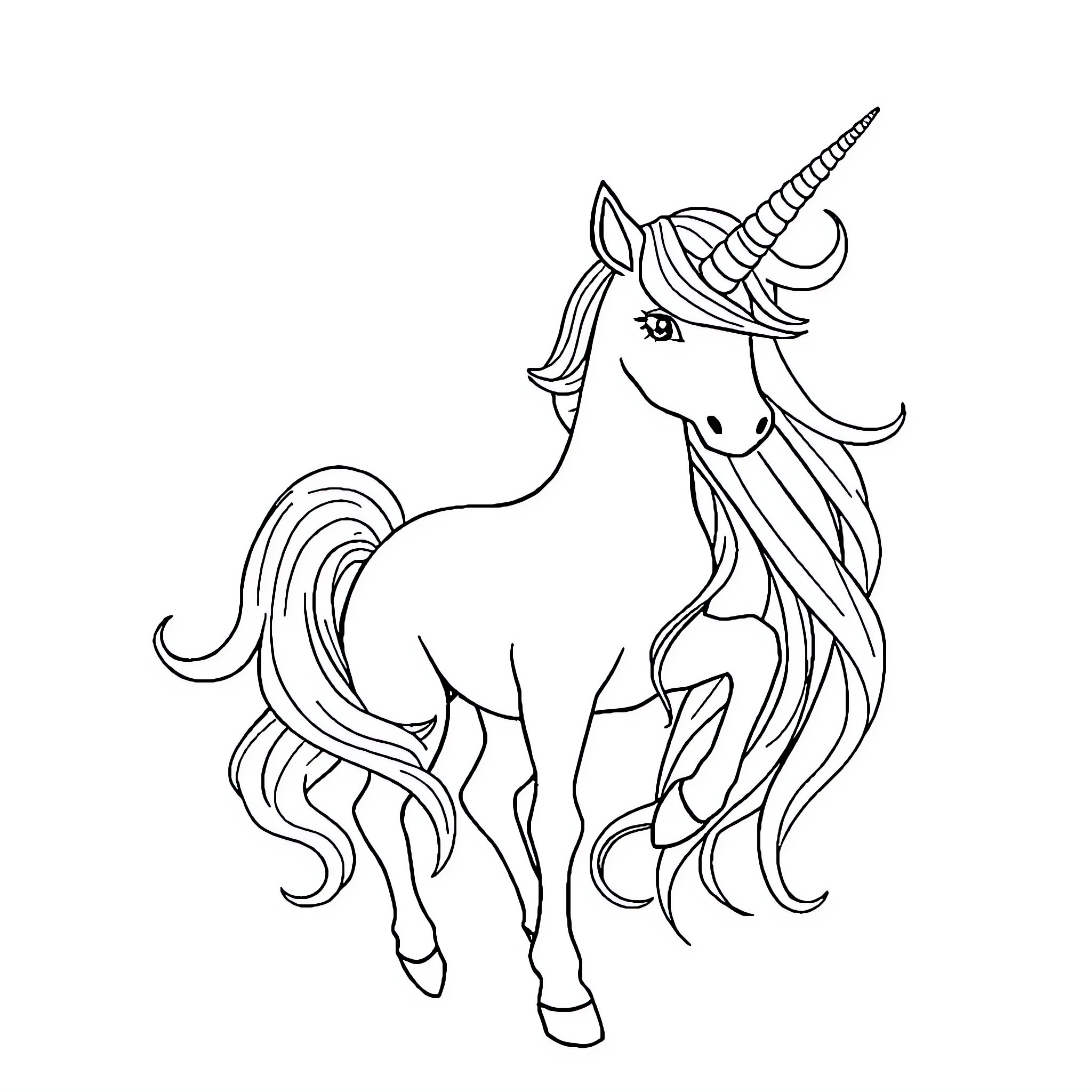 Unicorn with flowing mane and tail Coloring Page (free black-and-white line drawing printable PDF for all, from beginners to advanced learners, including children, teens, adults, and seniors)