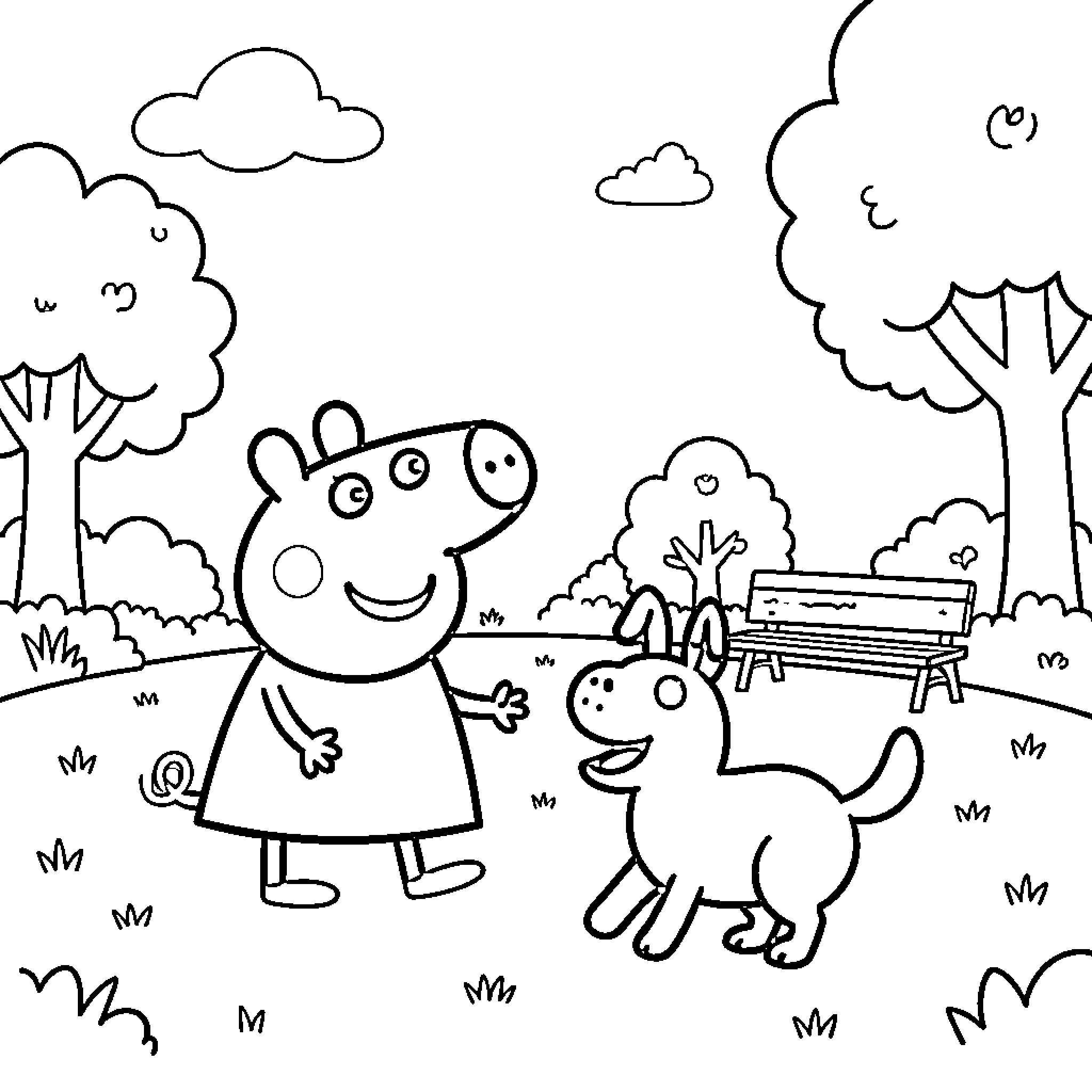 Peppa Pig playing with her dog in a park Coloring Page (free black-and-white line drawing printable PDF for all, from beginners to advanced learners, including children, teens, adults, and seniors)