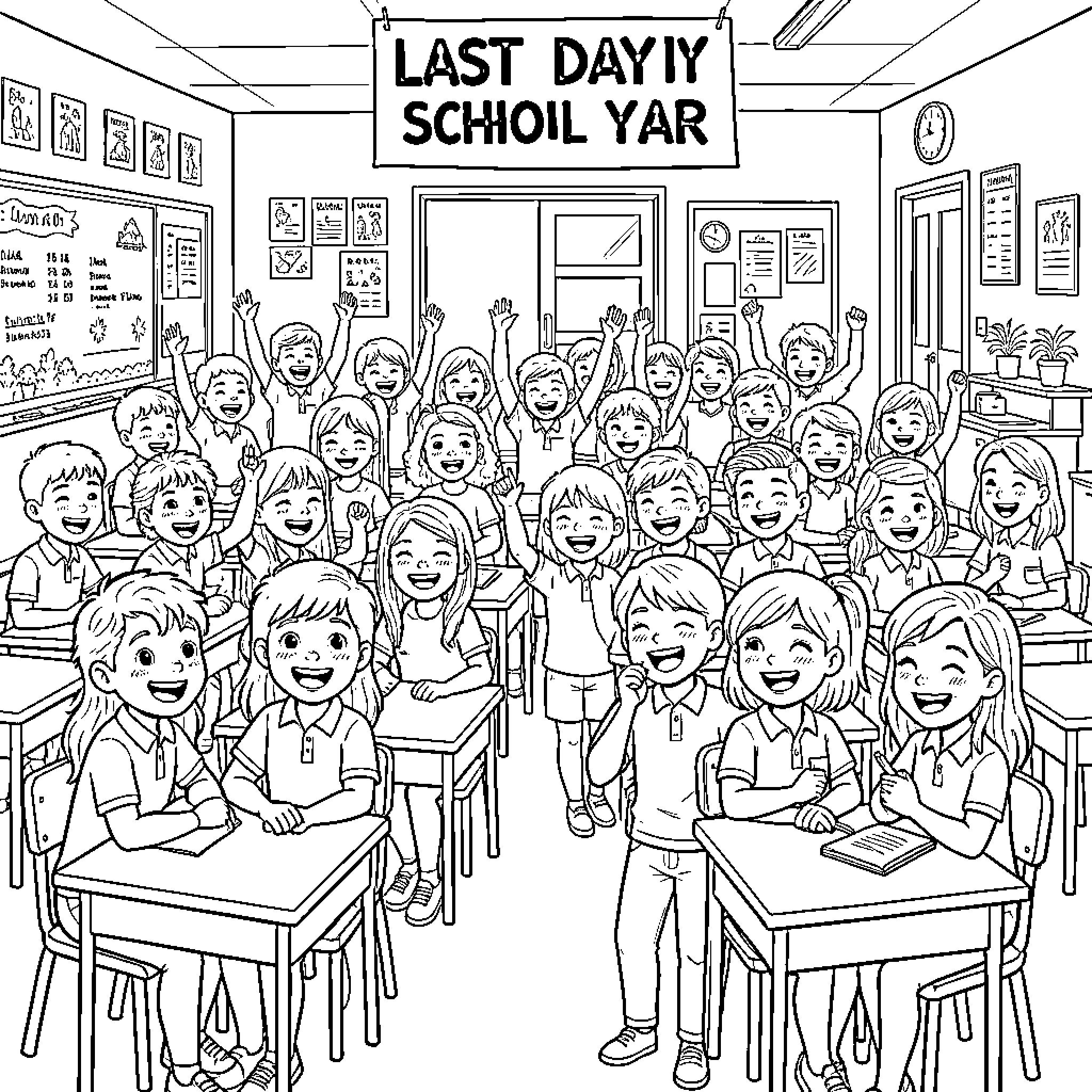 Classroom of happy students celebrating the last school day Coloring Page (free black-and-white line drawing printable PDF for all, from beginners to advanced learners, including children, teens, adults, and seniors)