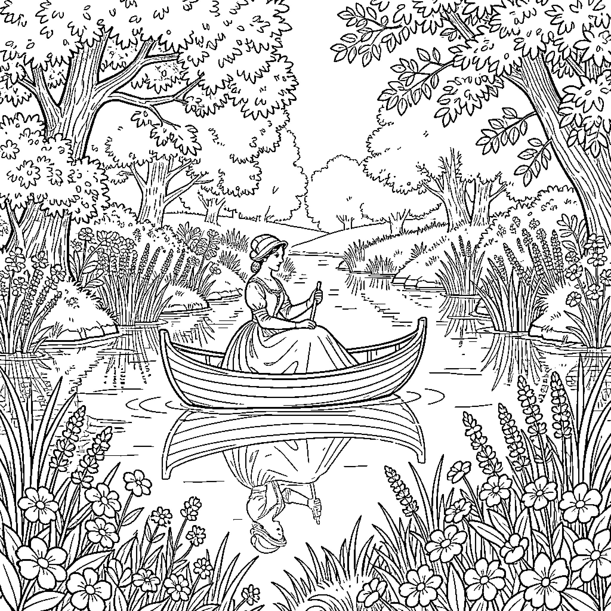 Lady of Shalott in a Boat on the River Coloring Page (free black-and-white line drawing printable PDF for all, from beginners to advanced learners, including children, teens, adults, and seniors)