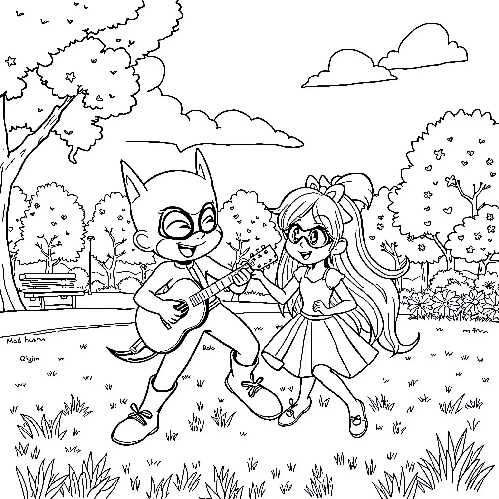 Flash Mac Playing Music with Cheerful Partner in Park Coloring Page (free black-and-white line drawing printable PDF for all, from beginners to advanced learners, including children, teens, adults, and seniors)