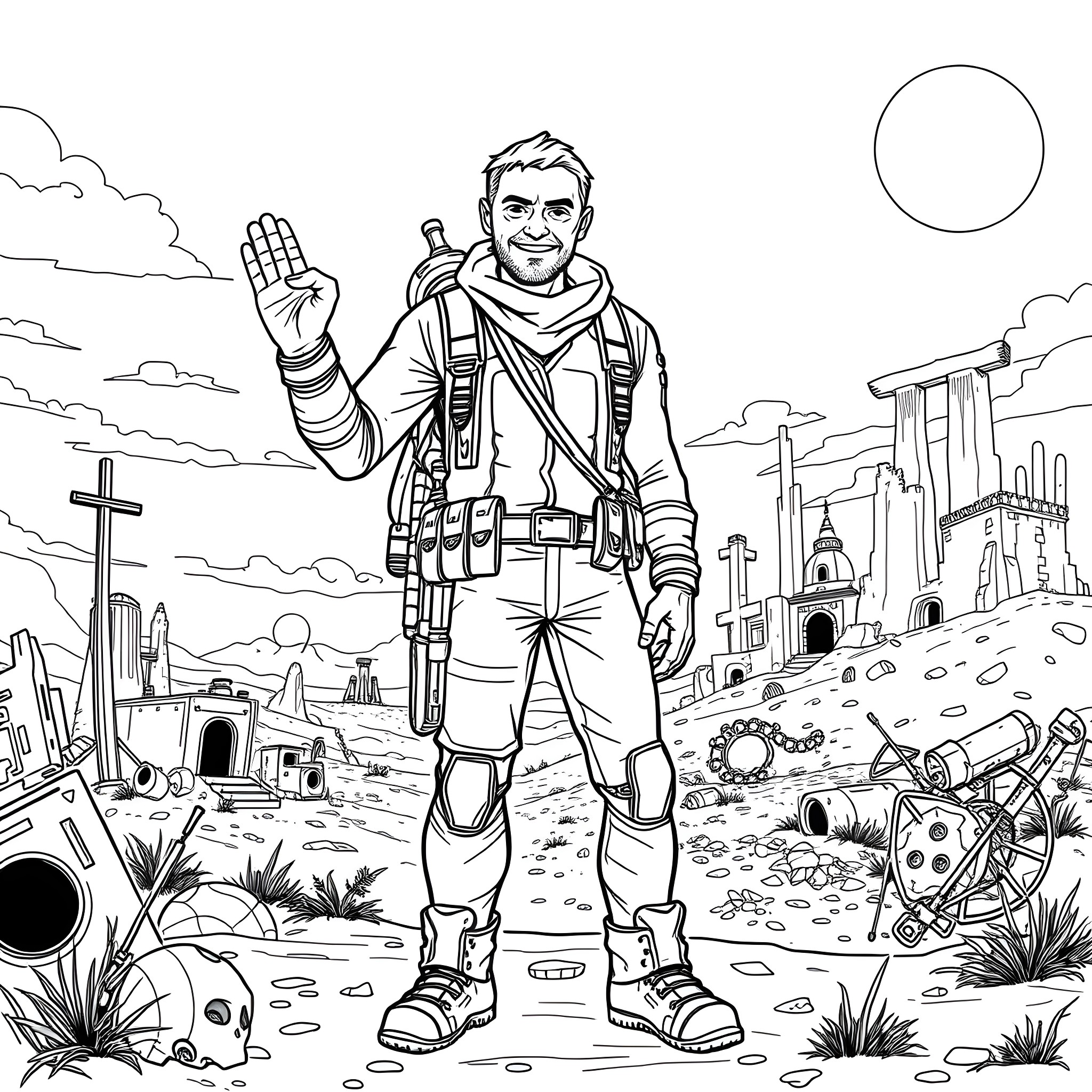 Courier 6 Walking Through a Ruined Landscape Coloring Page (free black-and-white line drawing printable PDF for all, from beginners to advanced learners, including children, teens, adults, and seniors)