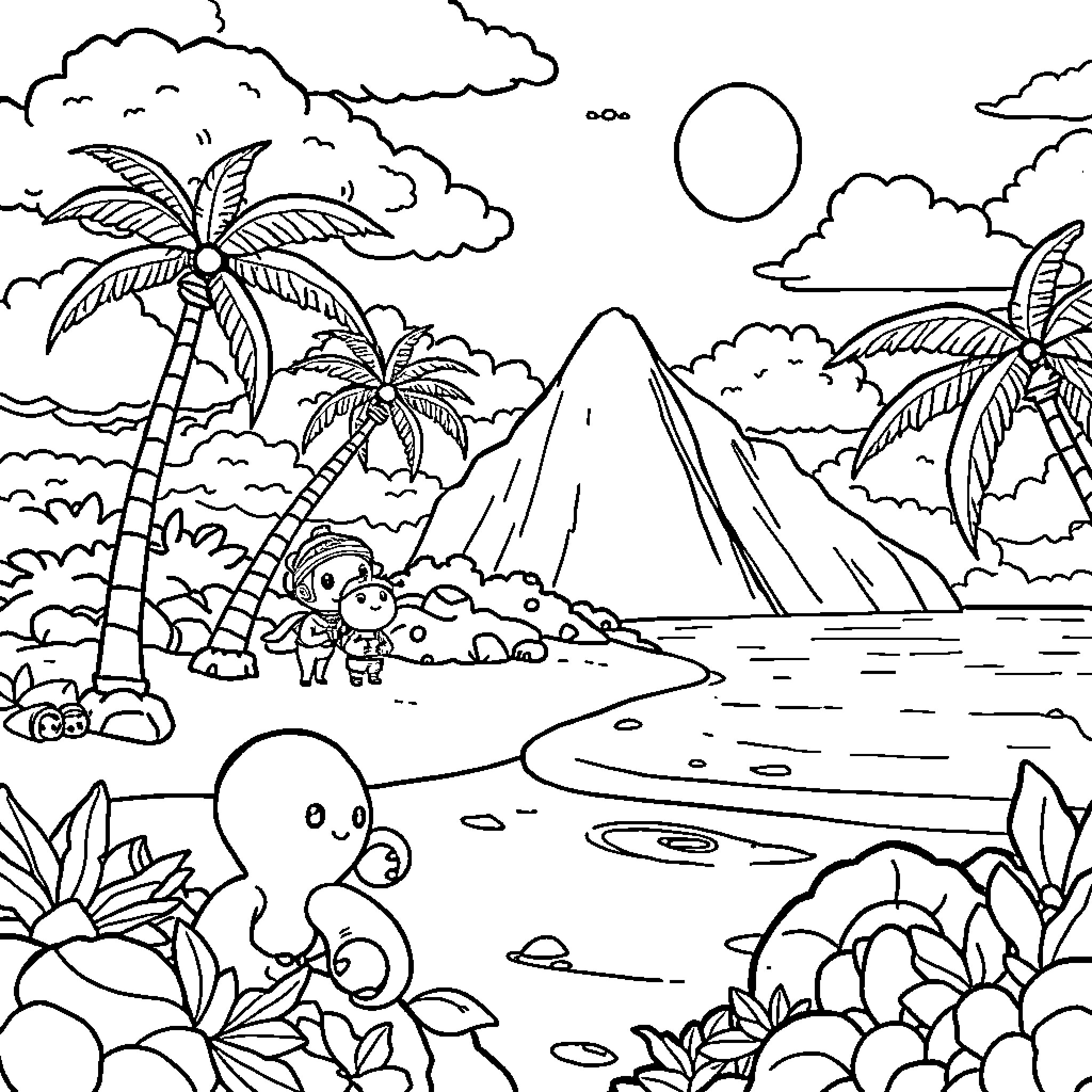 Octonauts exploring a tropical beach landscape Coloring Page (free black-and-white line drawing printable PDF for all, from beginners to advanced learners, including children, teens, adults, and seniors)