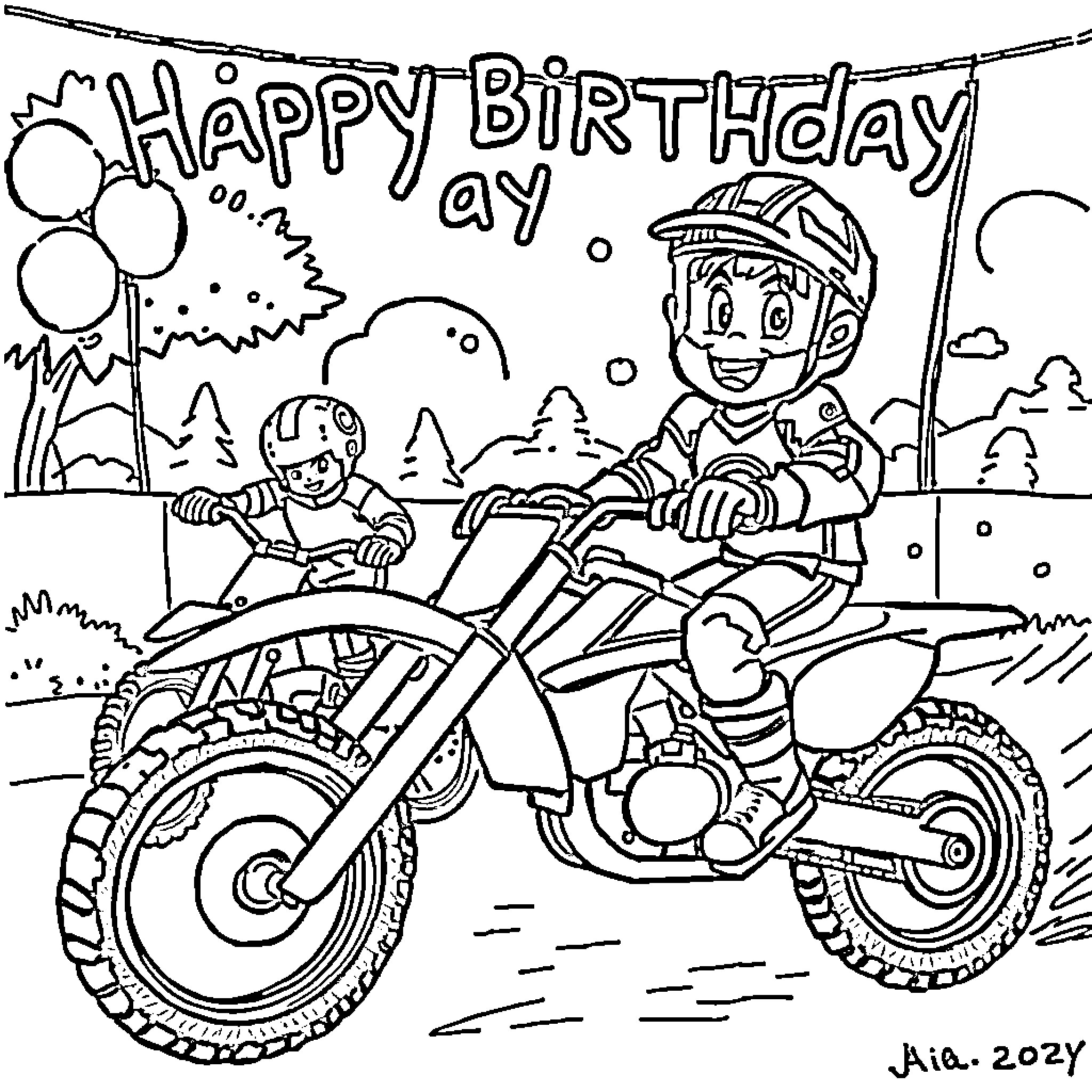 Hockey players on dirt bikes celebrating birthday Coloring Page (free black-and-white line drawing printable PDF for all, from beginners to advanced learners, including children, teens, adults, and seniors)