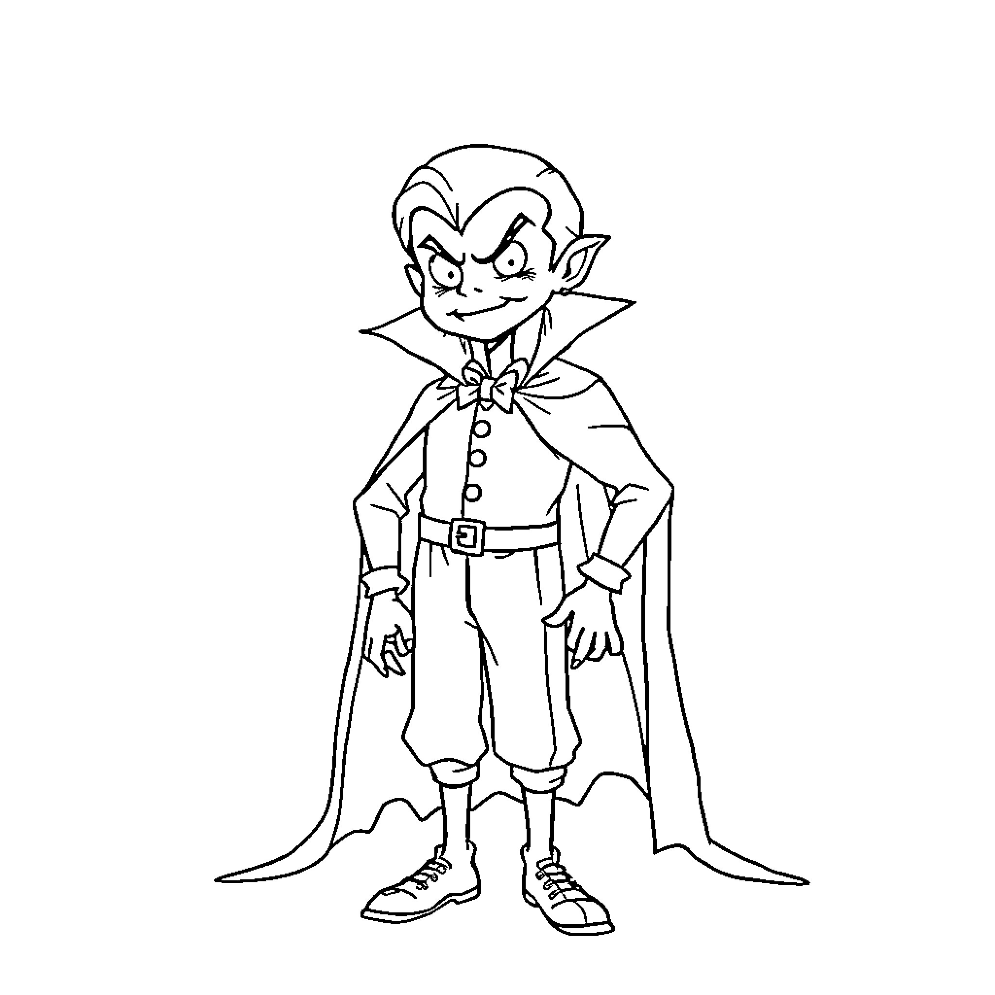 Vampire boy in a casual outfit Coloring Page (free black-and-white line drawing printable PDF for all, from beginners to advanced learners, including children, teens, adults, and seniors)