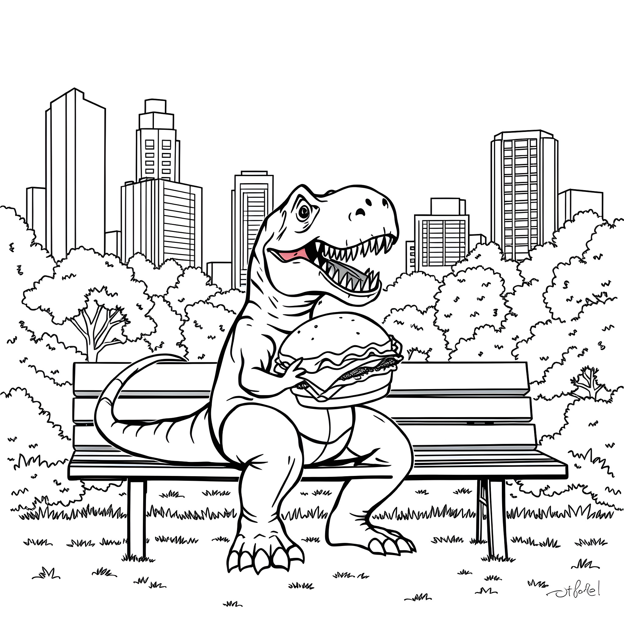 T-Rex enjoying a burger in the city park Coloring Page (free black-and-white line drawing printable PDF for all, from beginners to advanced learners, including children, teens, adults, and seniors)