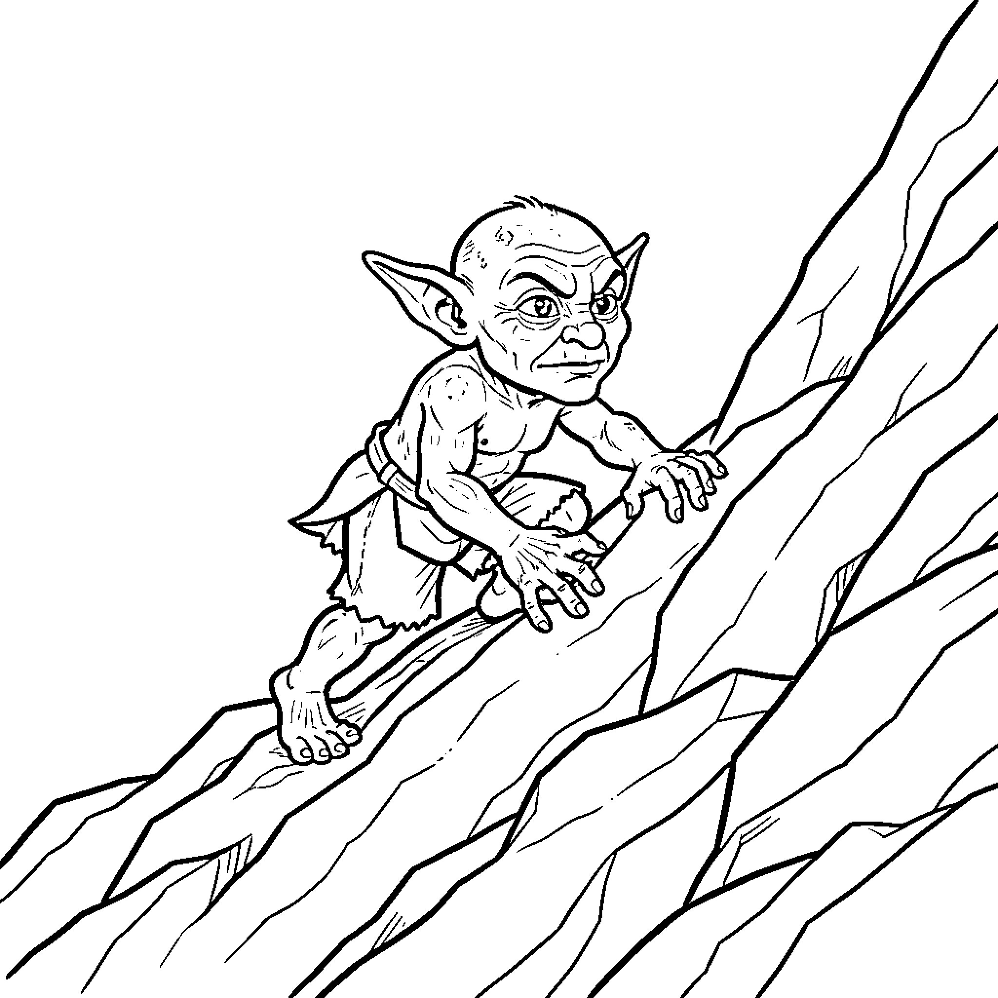Goblin climbing rocky terrain with determination Coloring Page (free black-and-white line drawing printable PDF for all, from beginners to advanced learners, including children, teens, adults, and seniors)