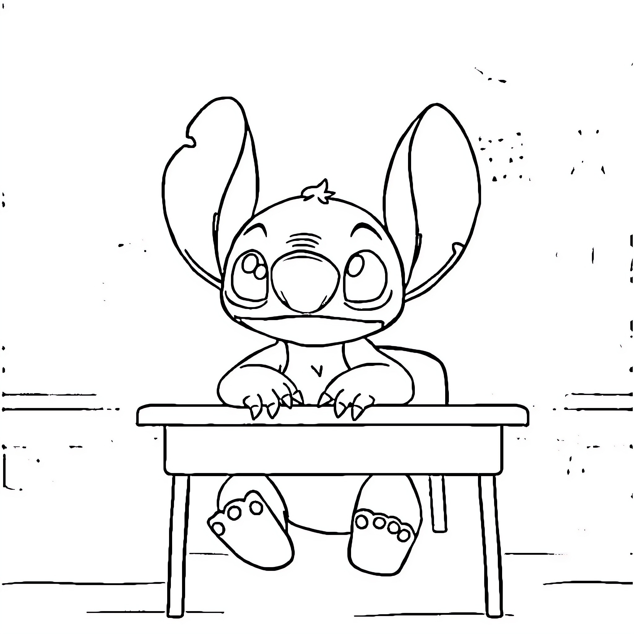 Stitch sitting at a table in a playful pose Coloring Page (free black-and-white line drawing printable PDF for all, from beginners to advanced learners, including children, teens, adults, and seniors)