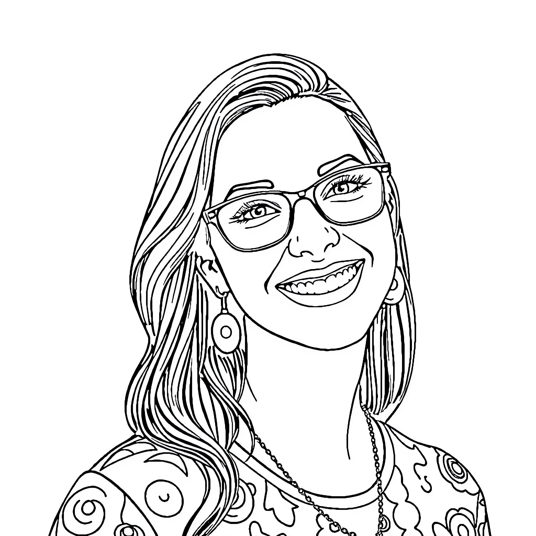 Kat Dennings smiling with glasses and patterned outfit Coloring Page (free black-and-white line drawing printable PDF for all, from beginners to advanced learners, including children, teens, adults, and seniors)