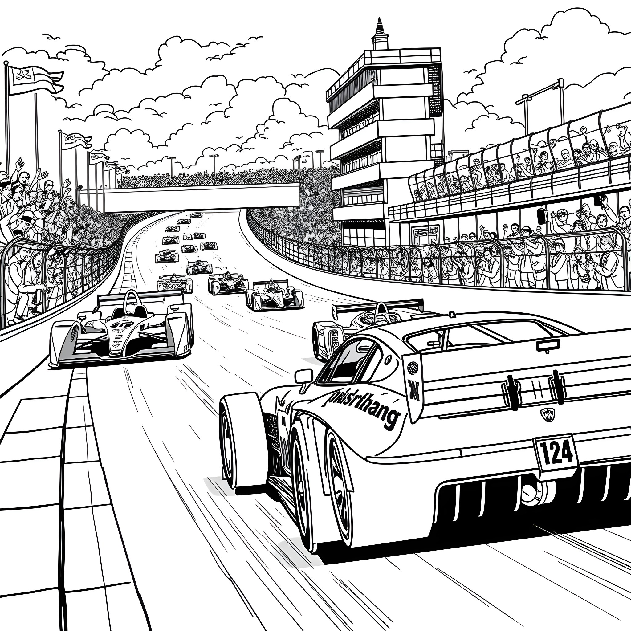 Nascar racing cars speeding on the track Coloring Page (free black-and-white line drawing printable PDF for all, from beginners to advanced learners, including children, teens, adults, and seniors)