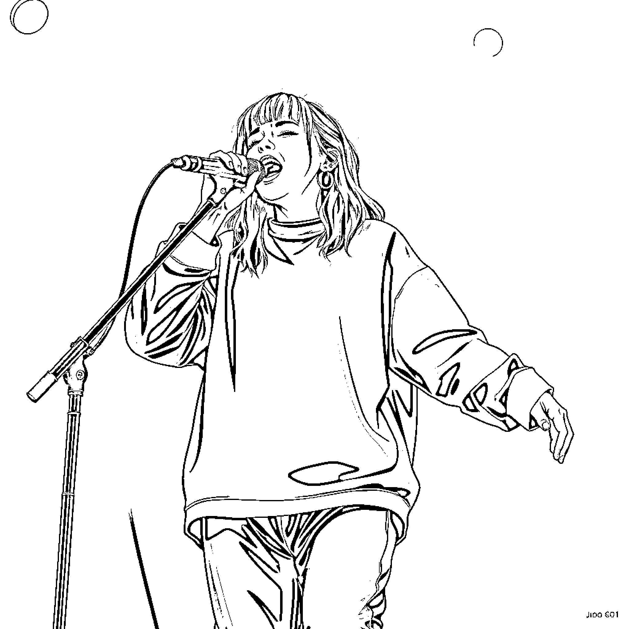 Billie Eilish performing on stage Coloring Page (free black-and-white line drawing printable PDF for all, from beginners to advanced learners, including children, teens, adults, and seniors)