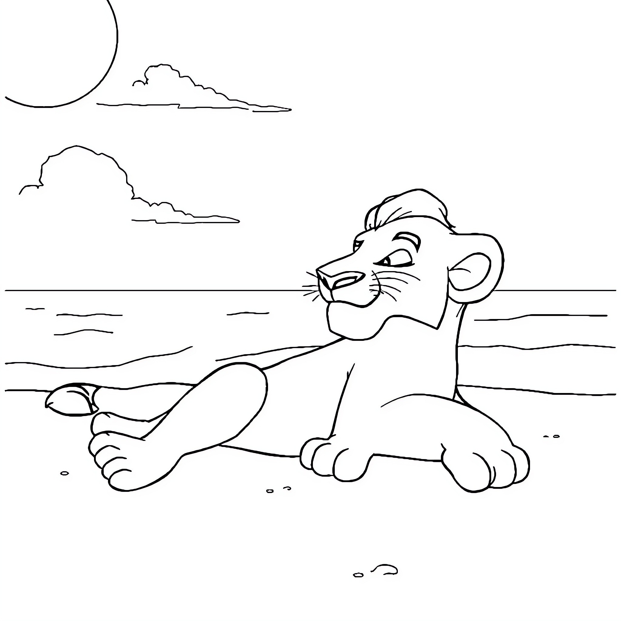 Simba relaxing in the savanna Coloring Page (free black-and-white line drawing printable PDF for all, from beginners to advanced learners, including children, teens, adults, and seniors)