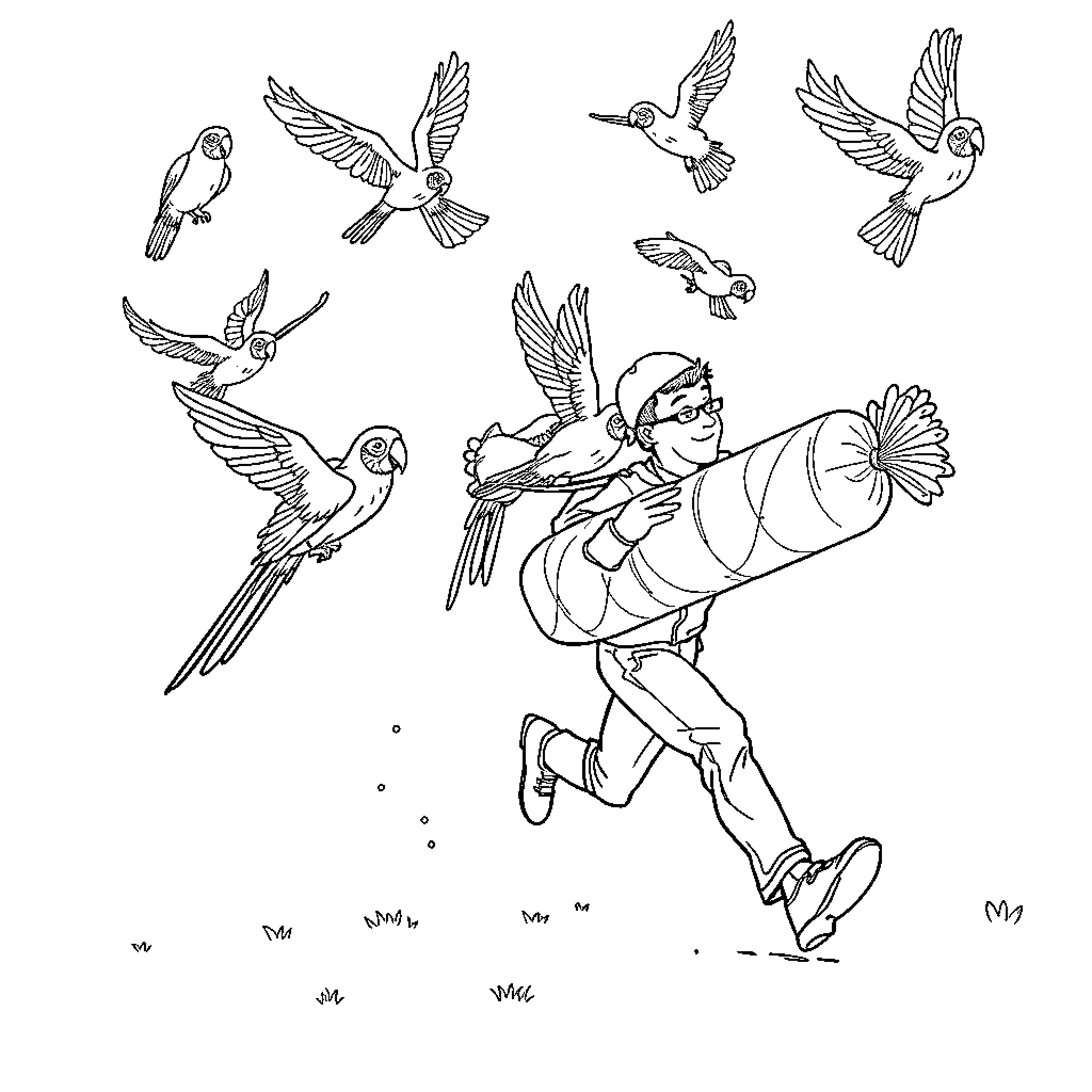 Parrot-themed adventure with colorful birds in flight Coloring Page (free black-and-white line drawing printable PDF for all, from beginners to advanced learners, including children, teens, adults, and seniors)