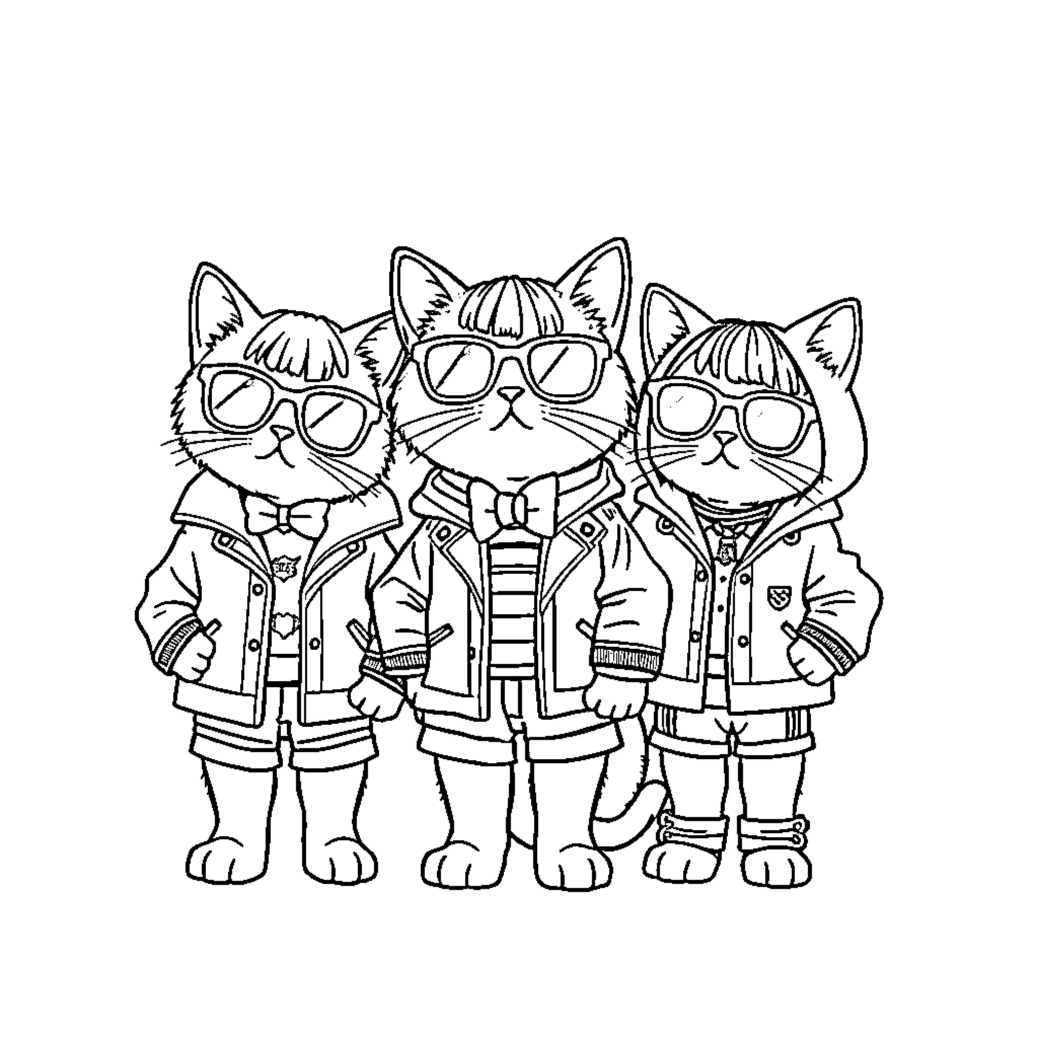 Cats dressed in smart casual attire Coloring Page (free black-and-white line drawing printable PDF for all, from beginners to advanced learners, including children, teens, adults, and seniors)