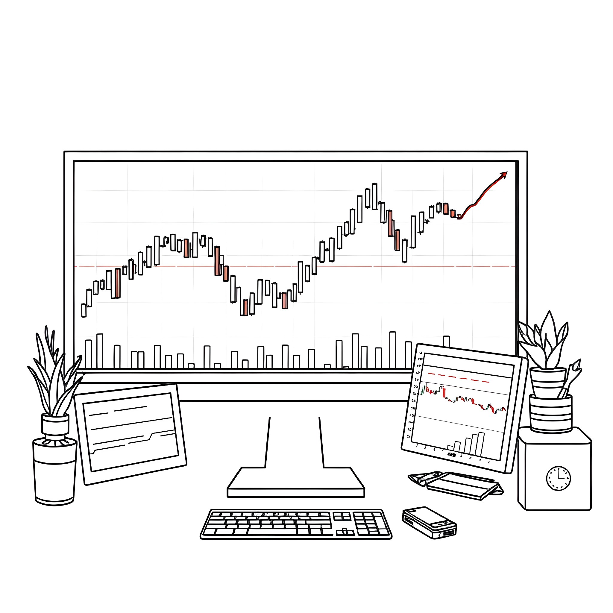 Stock Market Trading Desk with Charts and Graphs Coloring Page (free black-and-white line drawing printable PDF for all, from beginners to advanced learners, including children, teens, adults, and seniors)