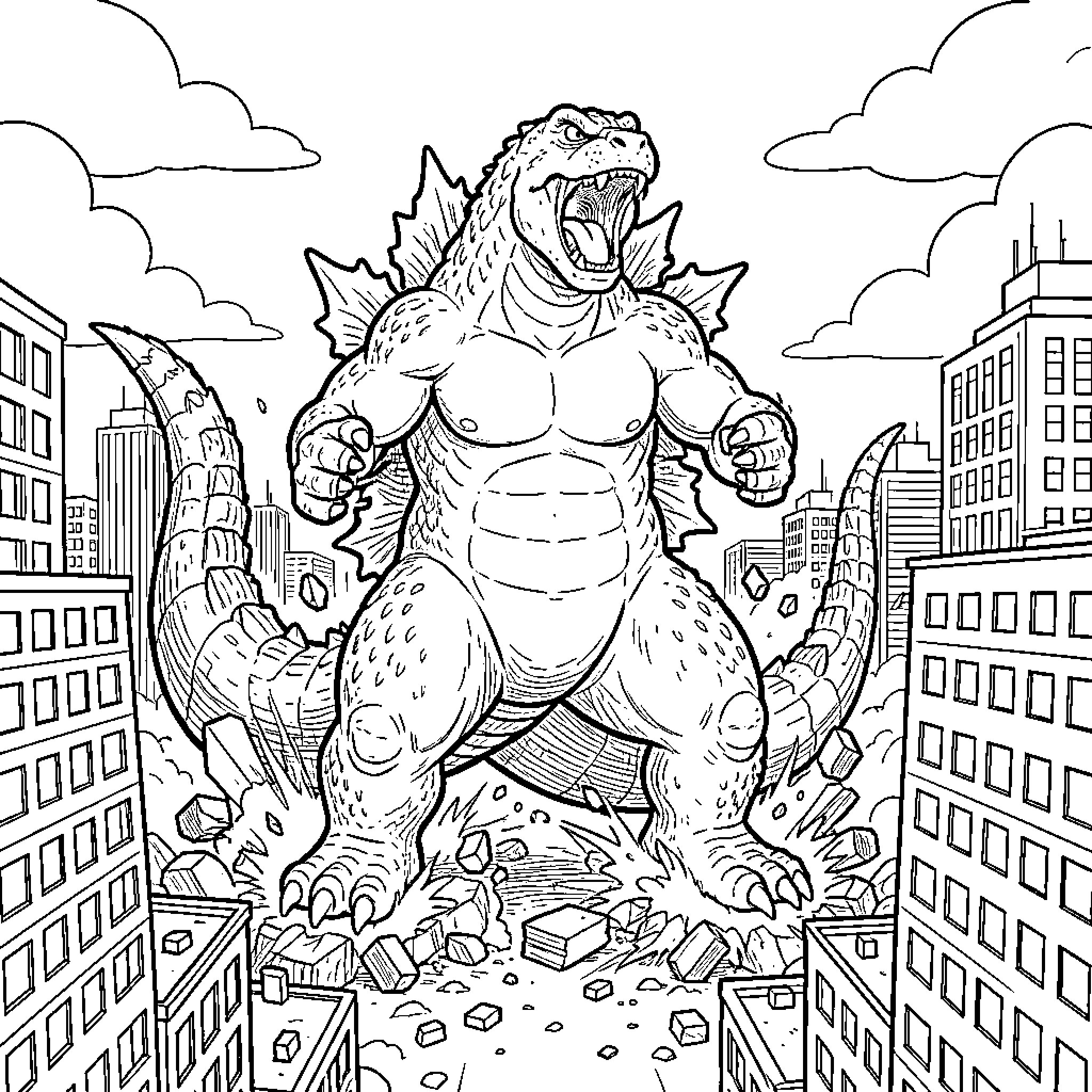 Godzilla roaring amidst destruction in a city Coloring Page (free black-and-white line drawing printable PDF for all, from beginners to advanced learners, including children, teens, adults, and seniors)