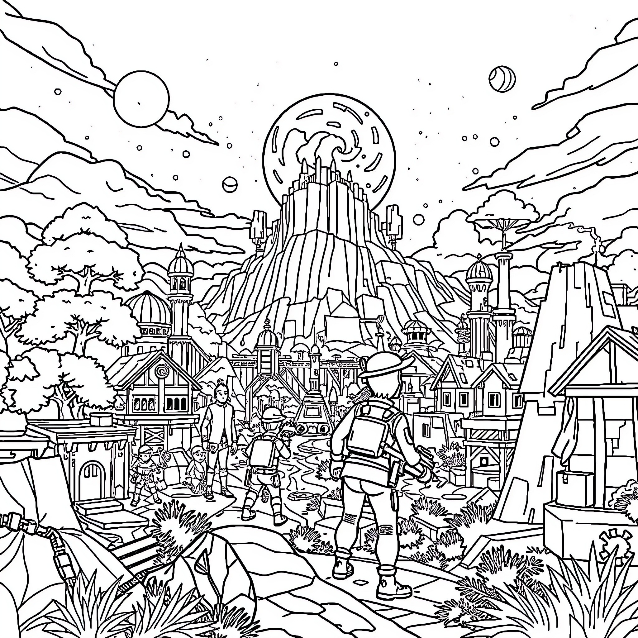 Fortnite: Epic Battle in an Imaginary Landscape Coloring Page (free black-and-white line drawing printable PDF for all, from beginners to advanced learners, including children, teens, adults, and seniors)