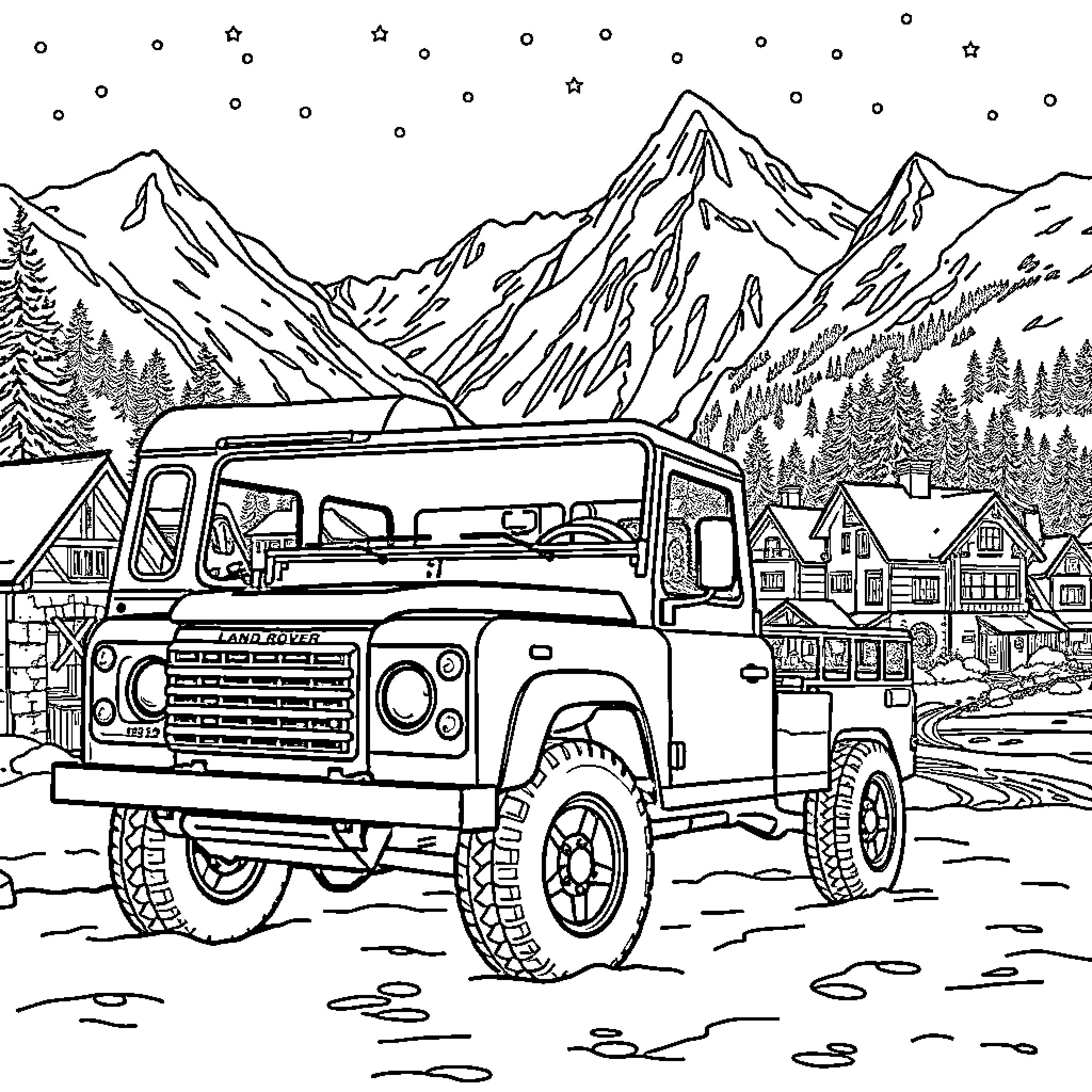 Land Rover Traversing Rugged Mountain Landscape Coloring Page (free black-and-white line drawing printable PDF for all, from beginners to advanced learners, including children, teens, adults, and seniors)
