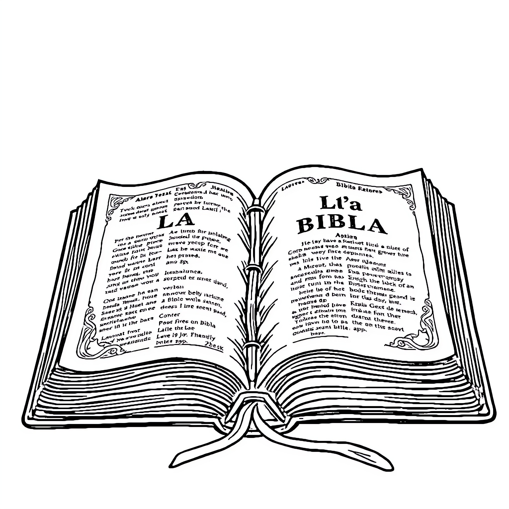 Bible with open pages displaying text Coloring Page (free black-and-white line drawing printable PDF for all, from beginners to advanced learners, including children, teens, adults, and seniors)
