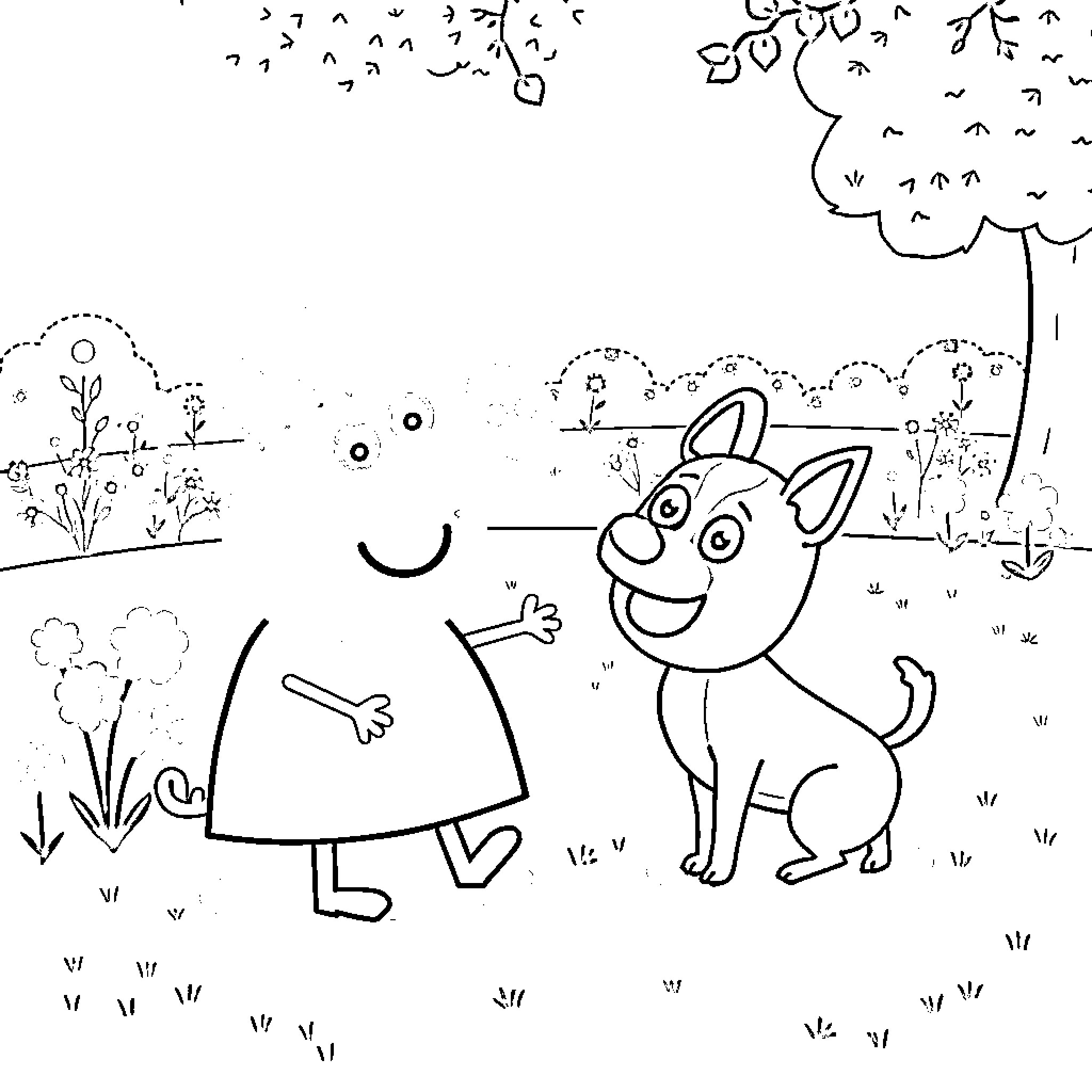 Peppa in a Playful Outdoor Setting Coloring Page (free black-and-white line drawing printable PDF for all, from beginners to advanced learners, including children, teens, adults, and seniors)