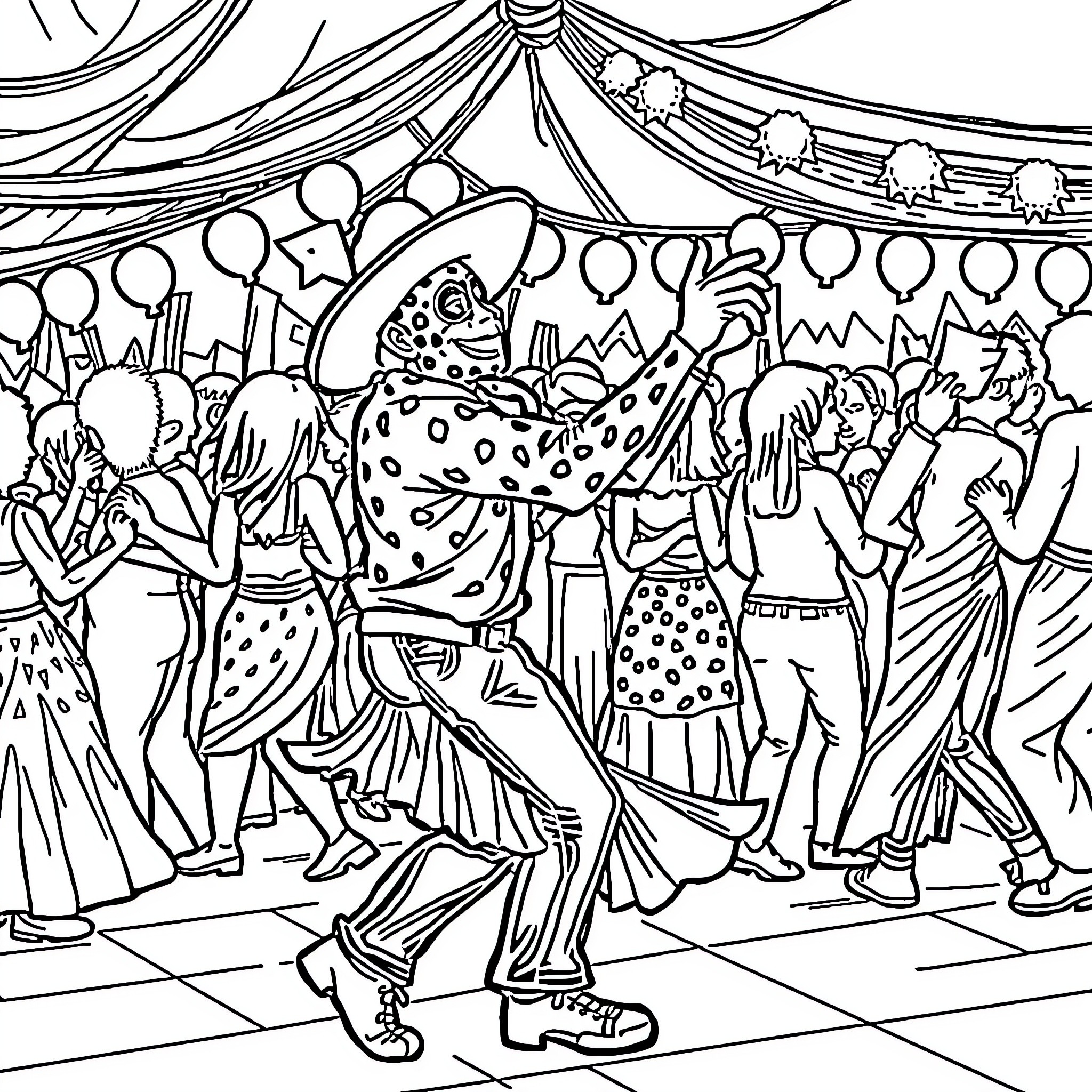Hombre Araña dancing joyfully at a festive celebration Coloring Page (free black-and-white line drawing printable PDF for all, from beginners to advanced learners, including children, teens, adults, and seniors)