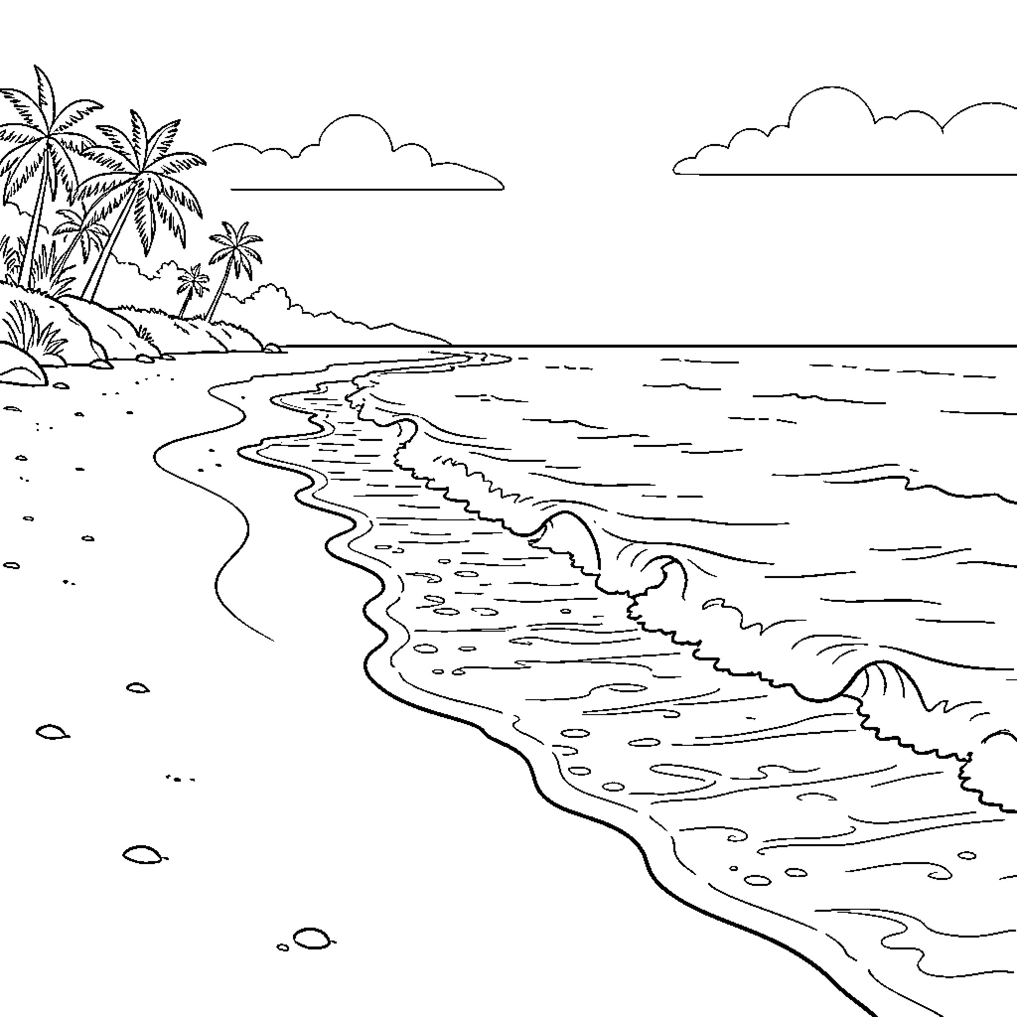 Fairy beach scene with palm trees and ocean Coloring Page (free black-and-white line drawing printable PDF for all, from beginners to advanced learners, including children, teens, adults, and seniors)