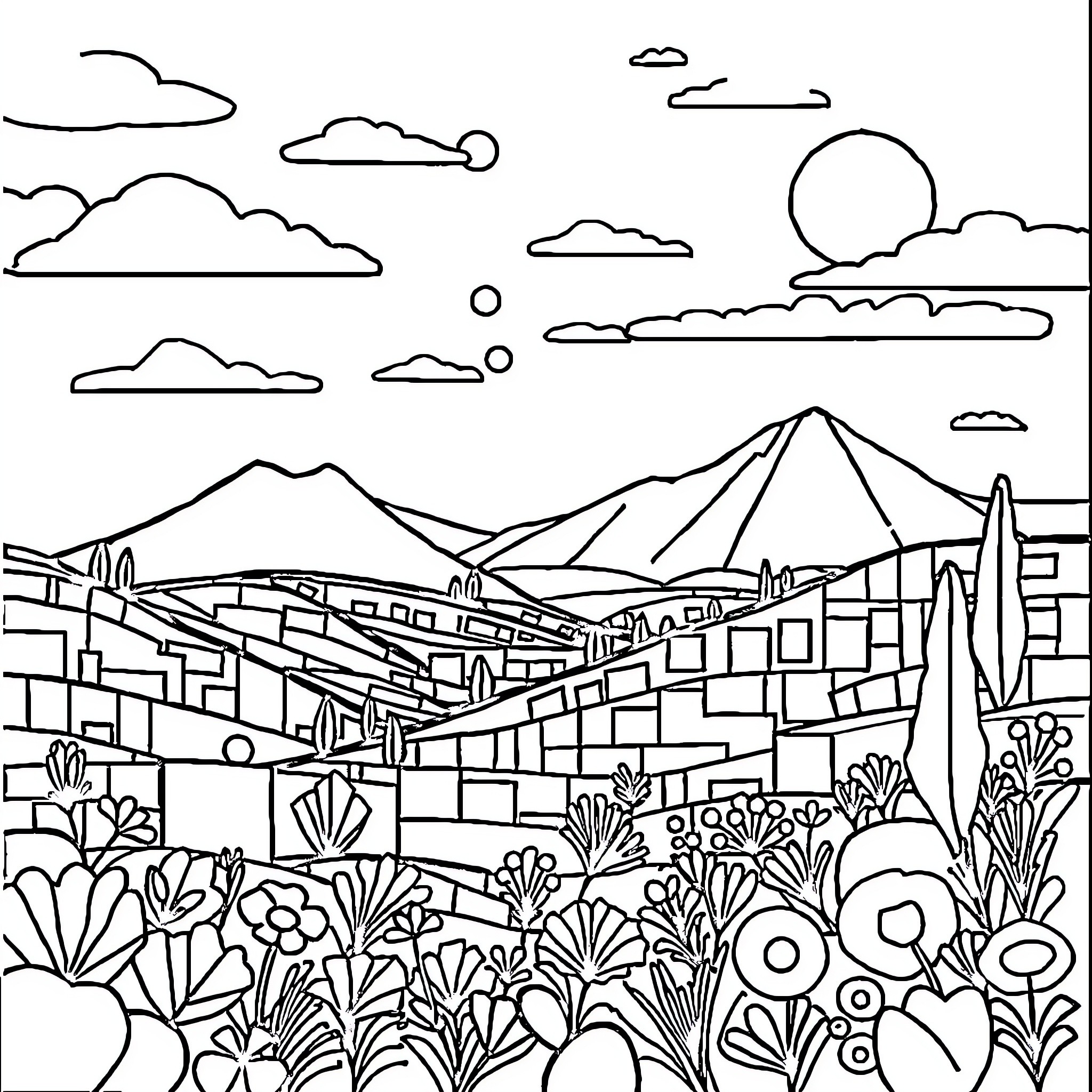 Shape landscape with mountains and clouds Coloring Page (free black-and-white line drawing printable PDF for all, from beginners to advanced learners, including children, teens, adults, and seniors)