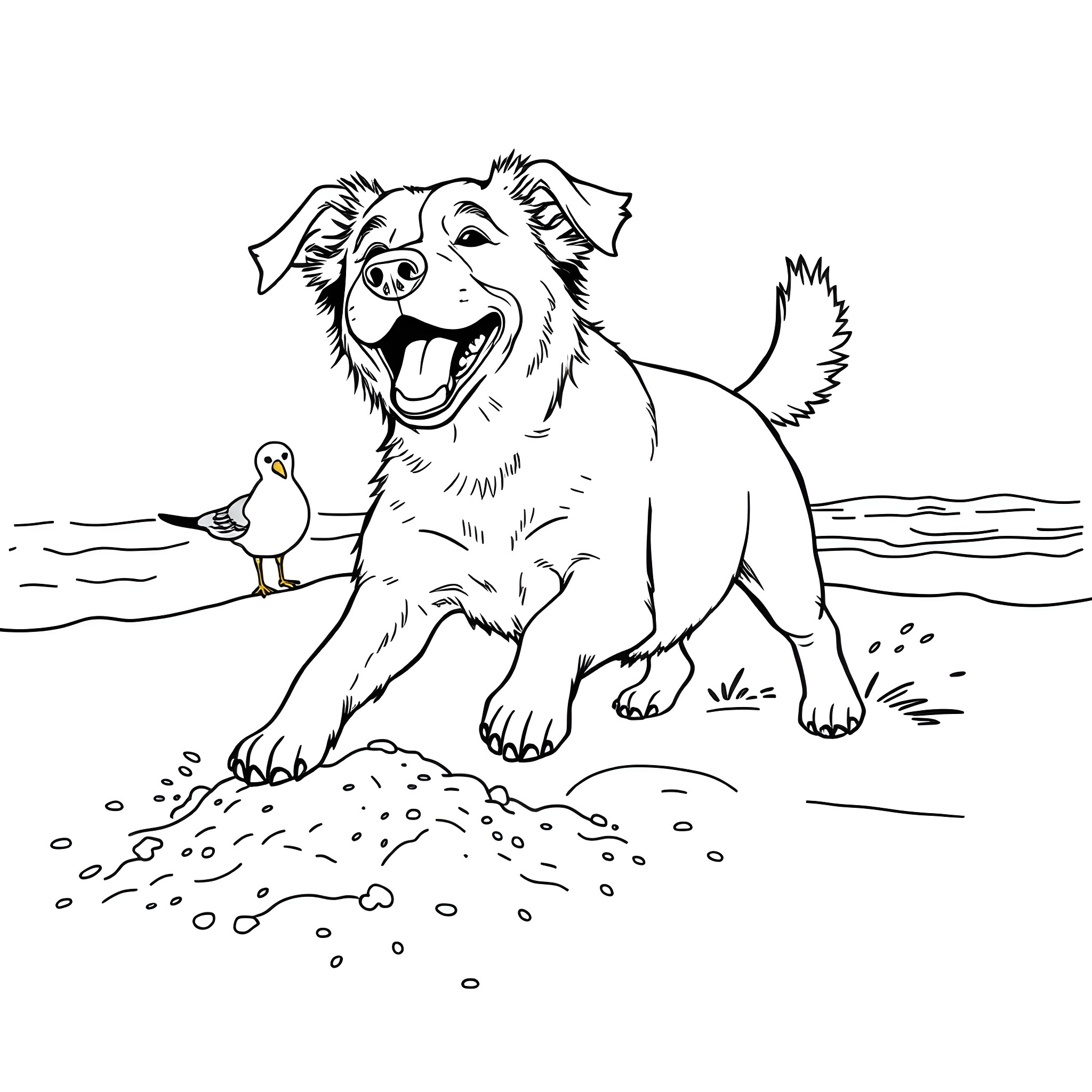 Dog playing happily on the beach Coloring Page (free black-and-white line drawing printable PDF for all, from beginners to advanced learners, including children, teens, adults, and seniors)