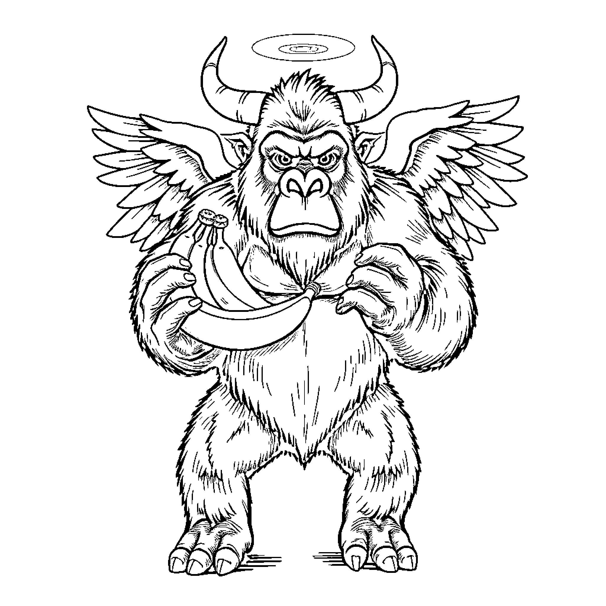 Gorilla with angelic wings holding a banana Coloring Page (free black-and-white line drawing printable PDF for all, from beginners to advanced learners, including children, teens, adults, and seniors)