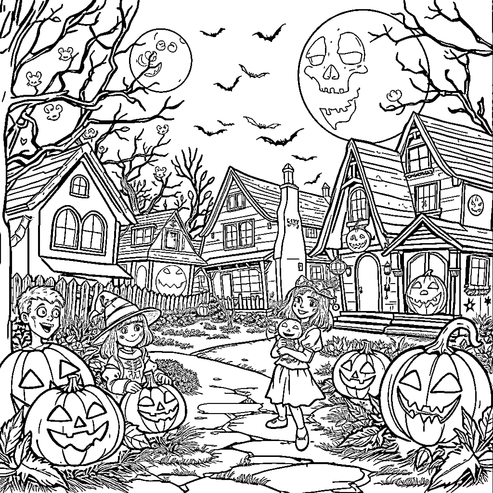 Halloween haunted town with spooky decorations and children Coloring Page (free black-and-white line drawing printable PDF for all, from beginners to advanced learners, including children, teens, adults, and seniors)