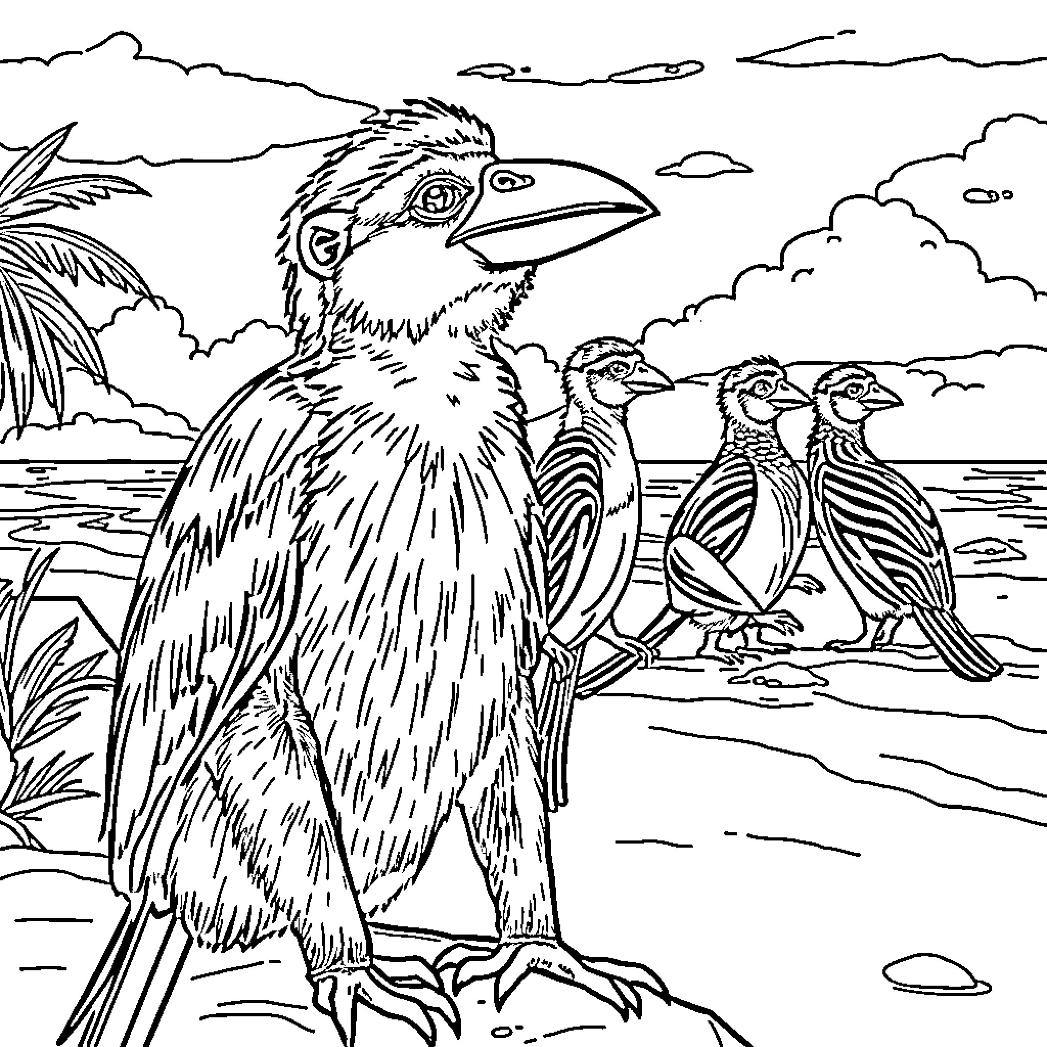 Valerina's Tropical Bird Encounter Coloring Page (free black-and-white line drawing printable PDF for all, from beginners to advanced learners, including children, teens, adults, and seniors)