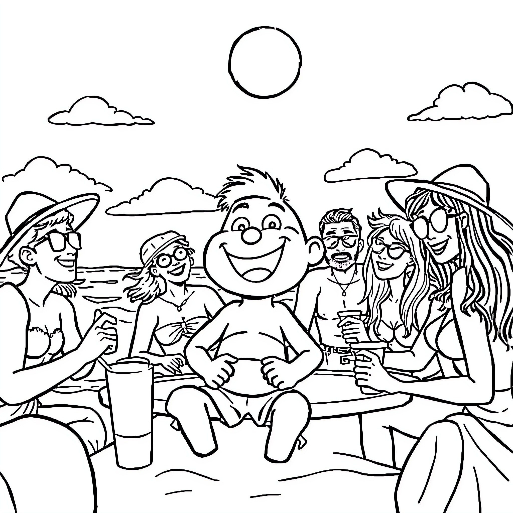 Bobby and friends enjoying a sunny day outdoors Coloring Page (free black-and-white line drawing printable PDF for all, from beginners to advanced learners, including children, teens, adults, and seniors)