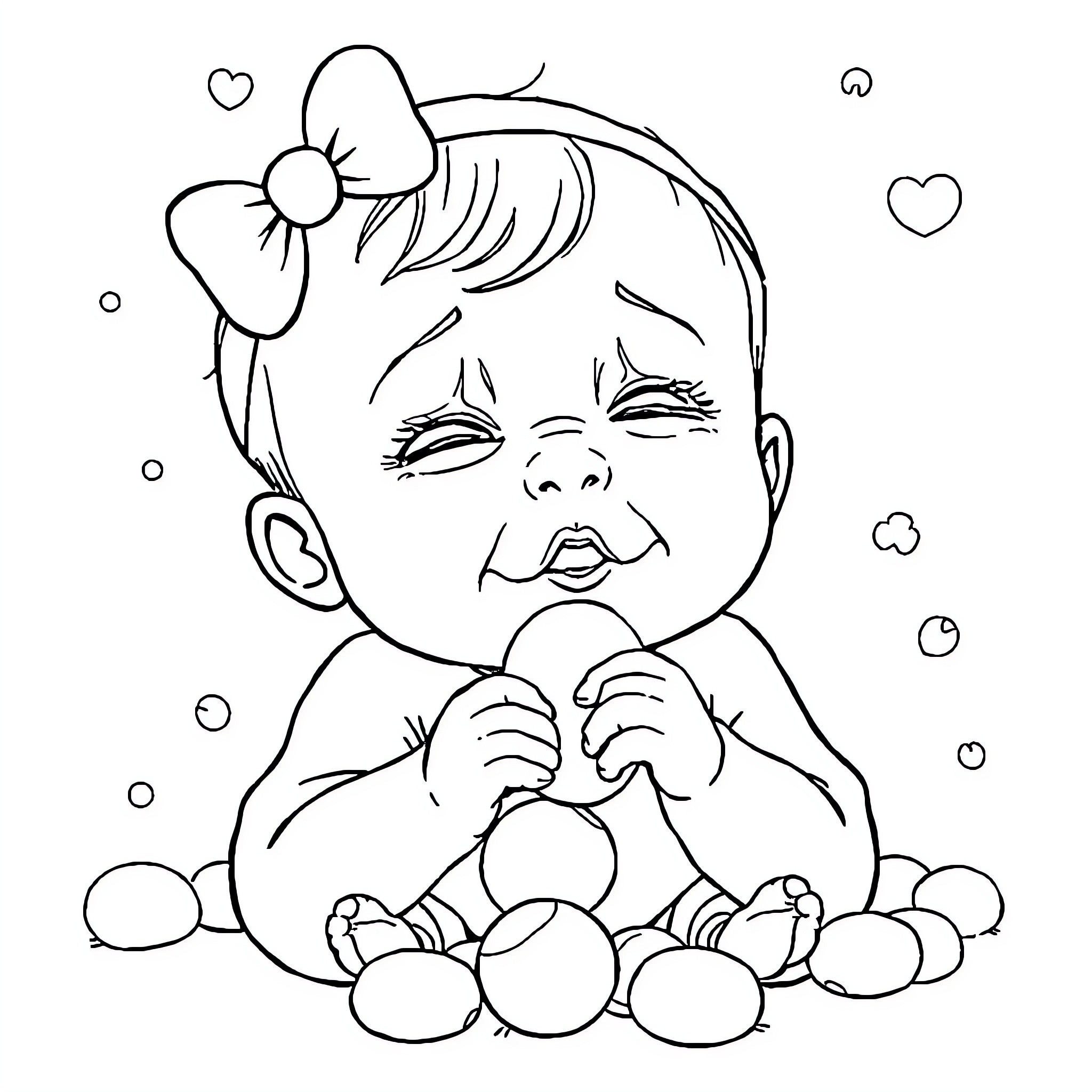 Bebe in a playful mood surrounded by balls Coloring Page (free black-and-white line drawing printable PDF for all, from beginners to advanced learners, including children, teens, adults, and seniors)