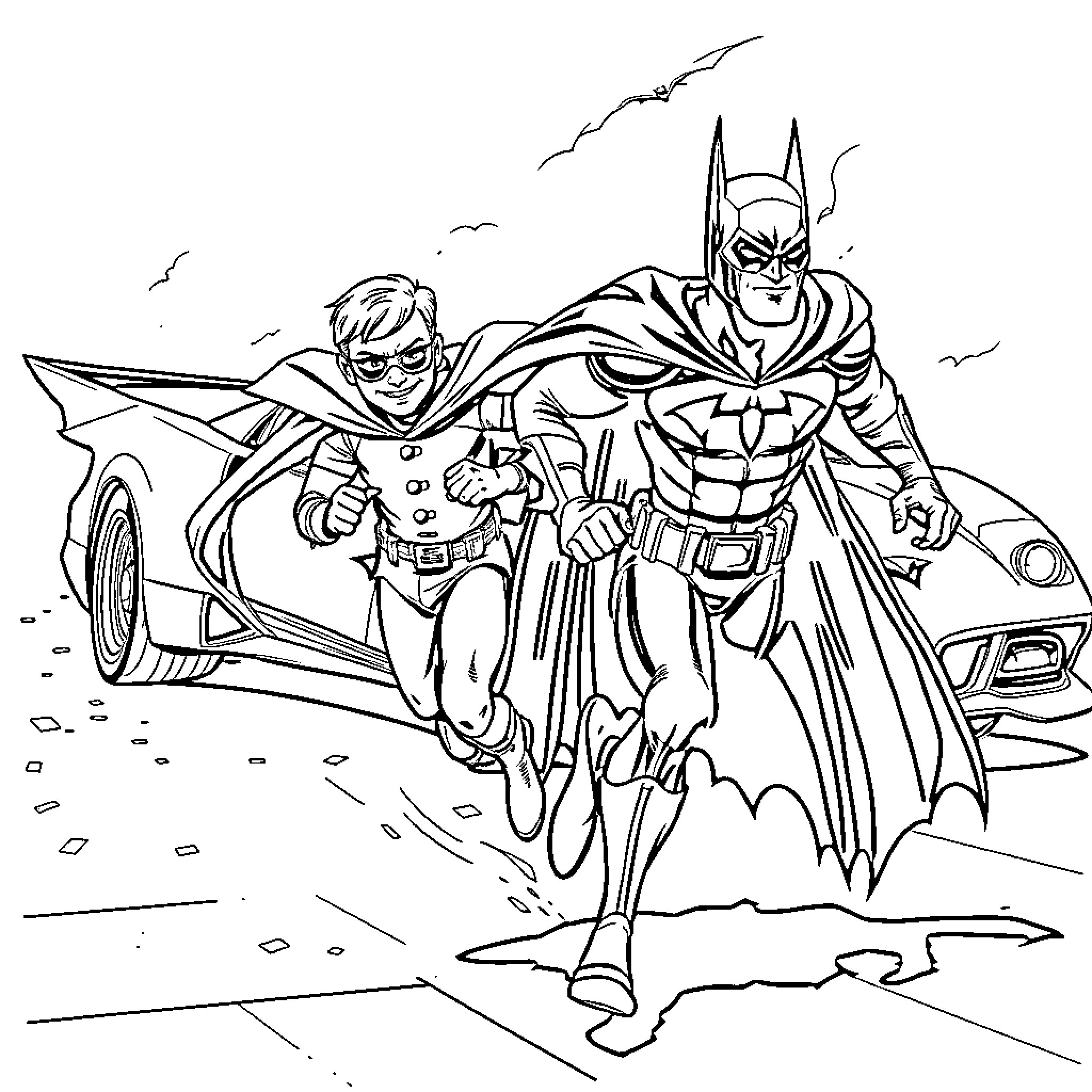 Batman and Robin Battling Villains in the City Coloring Page (free black-and-white line drawing printable PDF for all, from beginners to advanced learners, including children, teens, adults, and seniors)