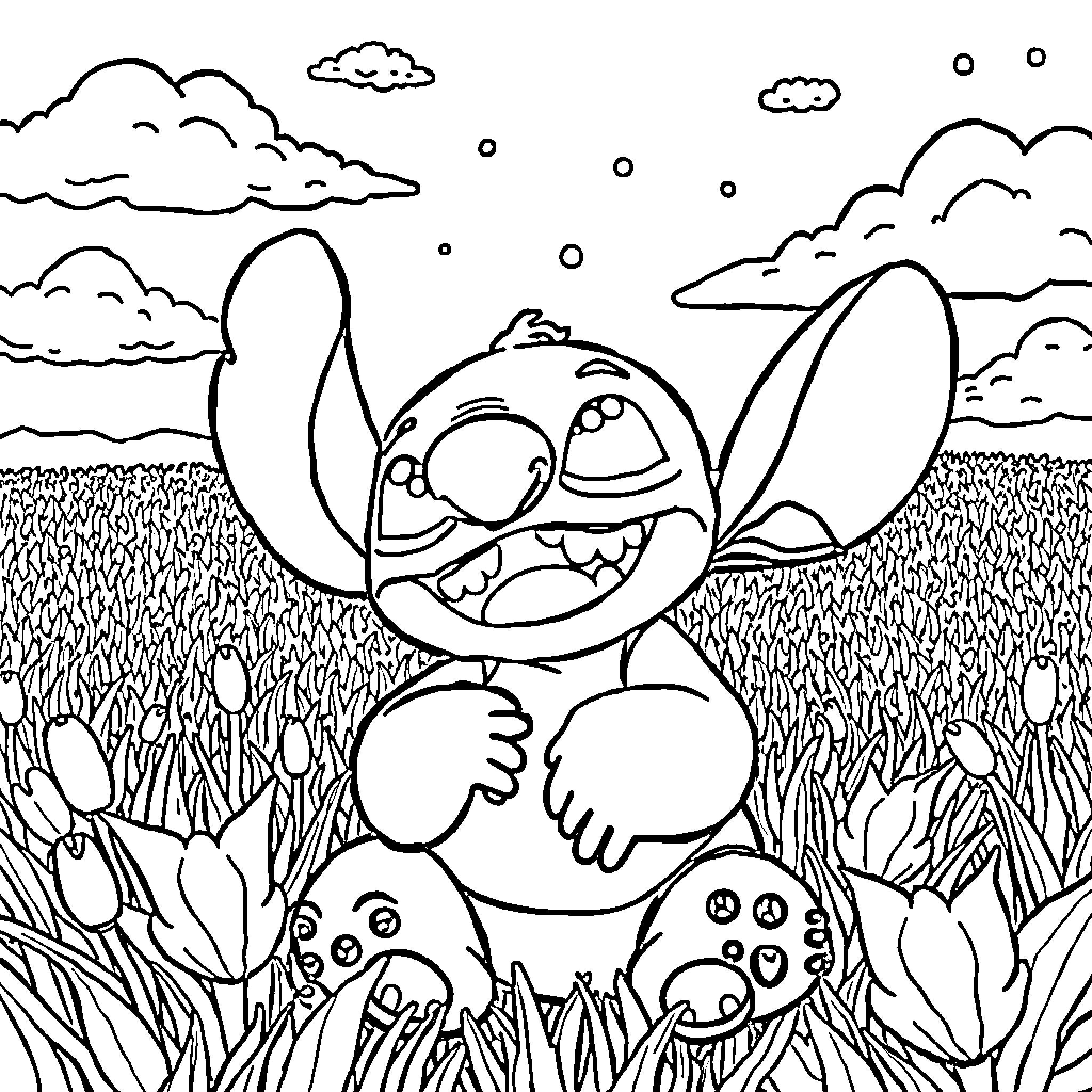 Stitch exploring the meadow Coloring Page (free black-and-white line drawing printable PDF for all, from beginners to advanced learners, including children, teens, adults, and seniors)